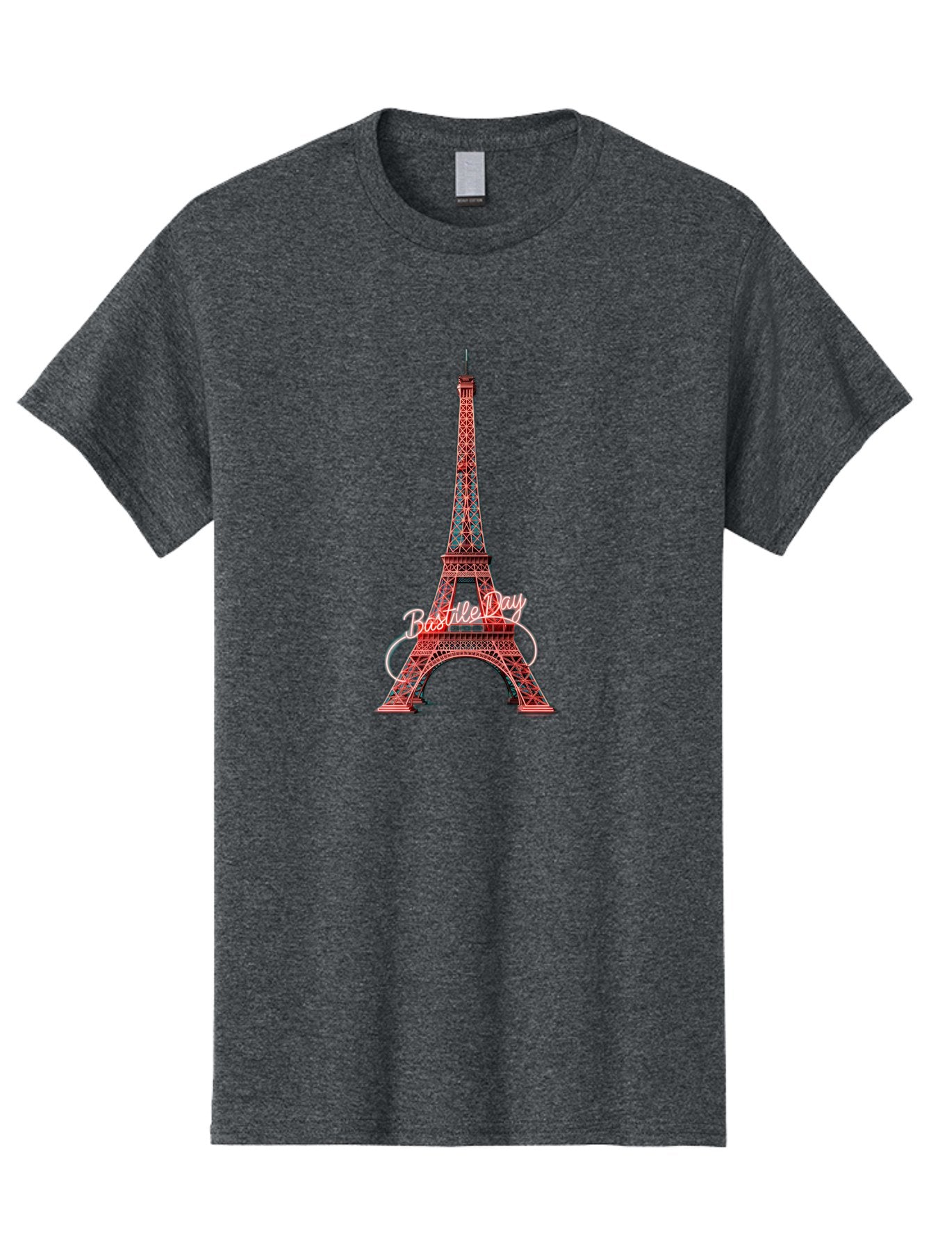 Bastille-Day-Eiffel-Tower Men'S Graphic Tee, 100% Cotton, Comfortable Casual Summer Wear, Machine Washable, Eiffel Tower, Red And Blue Lattice Design, Bastille Day, French Culture, Pink Cursive Text, White Swirls, Vibrant Colors, Bac619 3