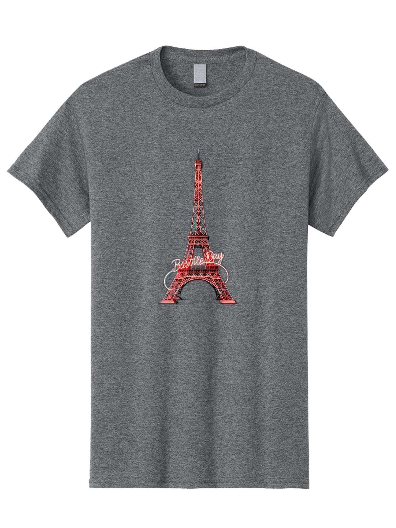 Bastille-Day-Eiffel-Tower Men'S Graphic Tee, 100% Cotton, Comfortable Casual Summer Wear, Machine Washable, Eiffel Tower, Red And Blue Lattice Design, Bastille Day, French Culture, Pink Cursive Text, White Swirls, Vibrant Colors, Bac619 14