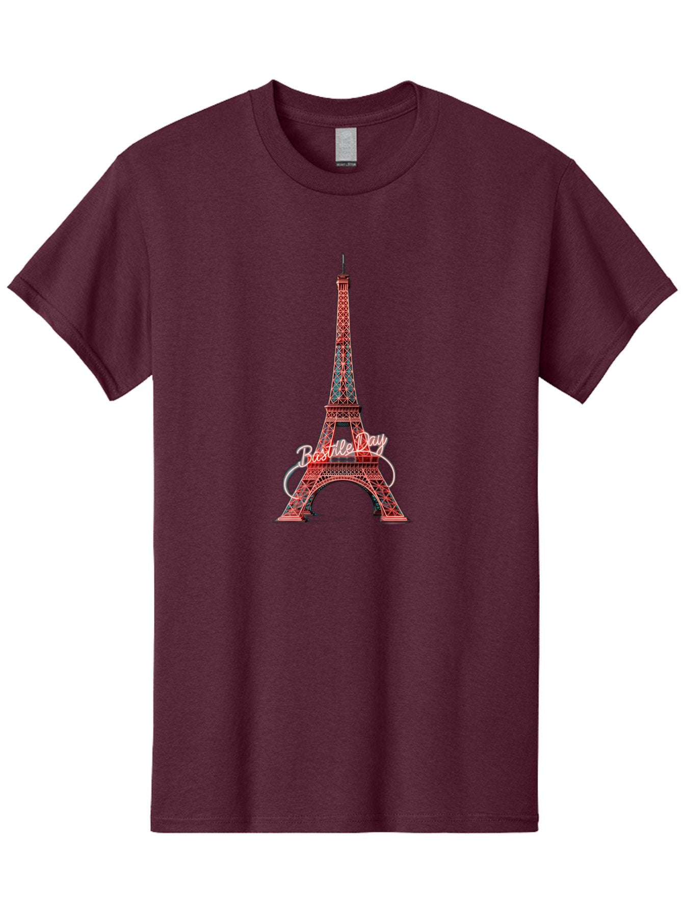Bastille-Day-Eiffel-Tower Men'S Graphic Tee, 100% Cotton, Comfortable Casual Summer Wear, Machine Washable, Eiffel Tower, Red And Blue Lattice Design, Bastille Day, French Culture, Pink Cursive Text, White Swirls, Vibrant Colors, Bac619 8