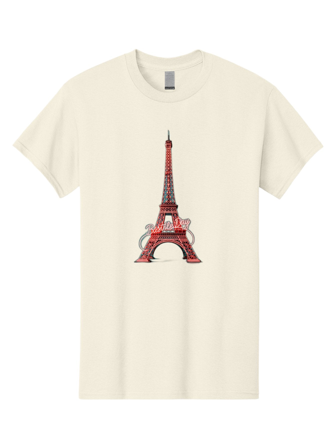 Bastille-Day-Eiffel-Tower Men'S Graphic Tee, 100% Cotton, Comfortable Casual Summer Wear, Machine Washable, Eiffel Tower, Red And Blue Lattice Design, Bastille Day, French Culture, Pink Cursive Text, White Swirls, Vibrant Colors, Bac619 11