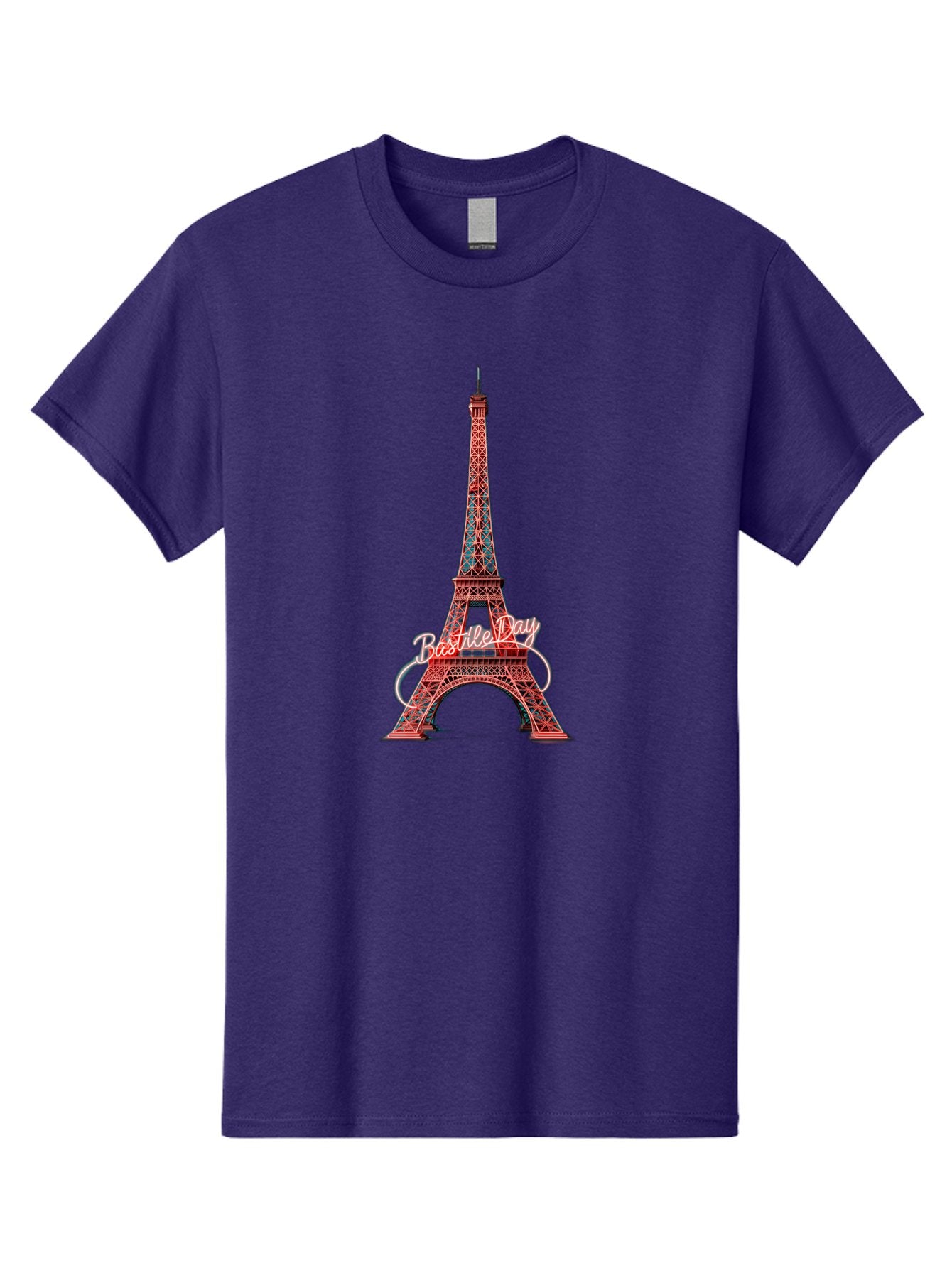 Bastille-Day-Eiffel-Tower Men'S Graphic Tee, 100% Cotton, Comfortable Casual Summer Wear, Machine Washable, Eiffel Tower, Red And Blue Lattice Design, Bastille Day, French Culture, Pink Cursive Text, White Swirls, Vibrant Colors, Bac619