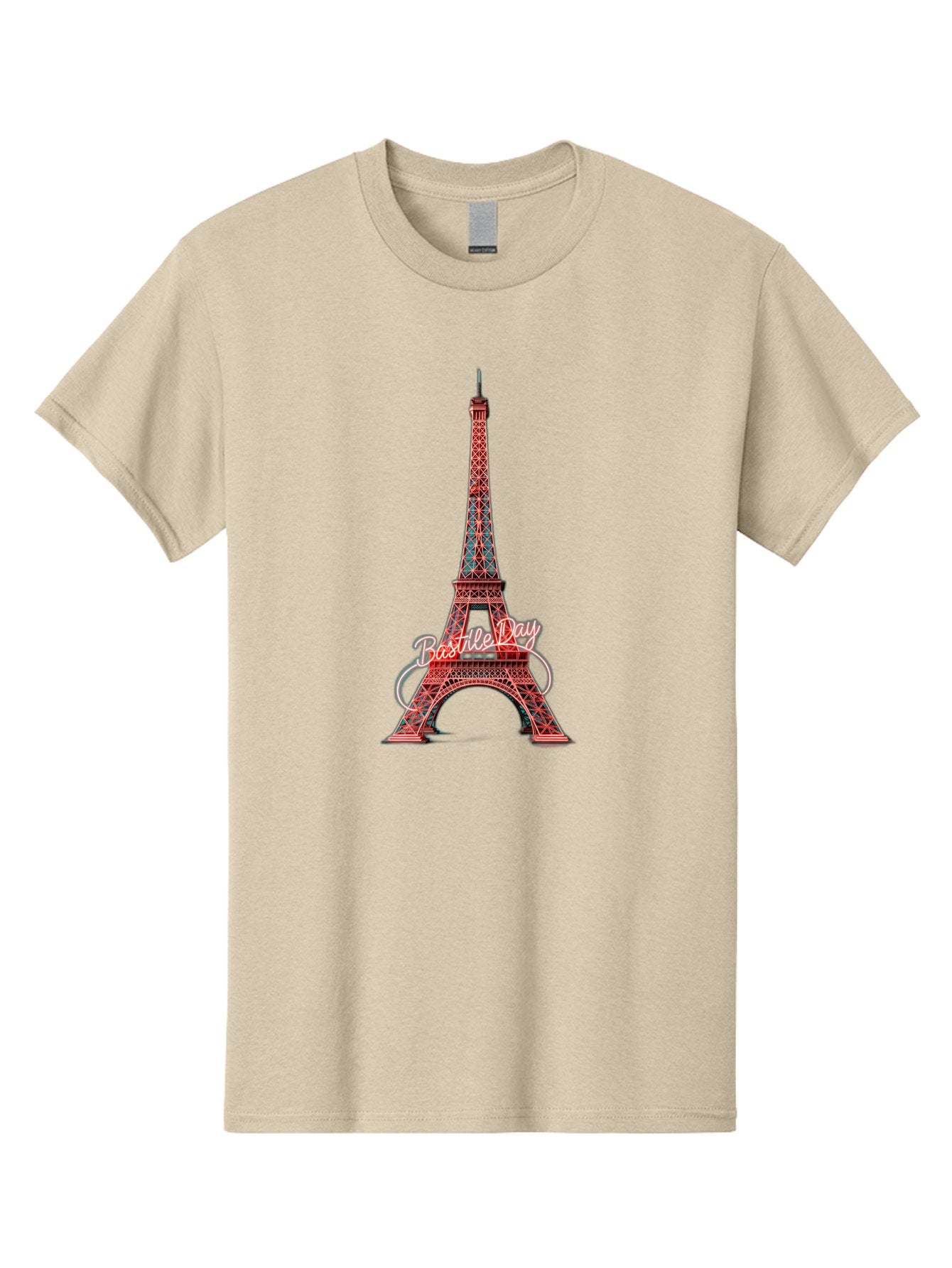 Bastille-Day-Eiffel-Tower Men'S Graphic Tee, 100% Cotton, Comfortable Casual Summer Wear, Machine Washable, Eiffel Tower, Red And Blue Lattice Design, Bastille Day, French Culture, Pink Cursive Text, White Swirls, Vibrant Colors, Bac619 4
