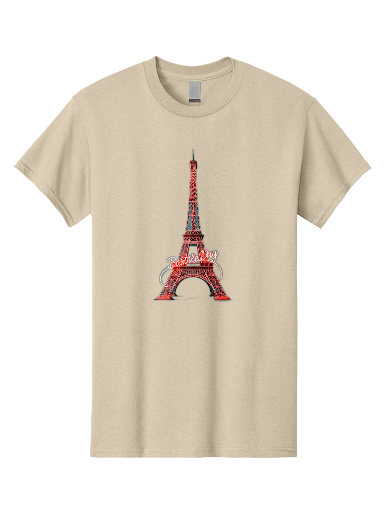 Bastille-Day-Eiffel-Tower Men'S Graphic Tee, 100% Cotton, Comfortable Casual Summer Wear, Machine Washable, Eiffel Tower, Red And Blue Lattice Design, Bastille Day, French Culture, Pink Cursive Text, White Swirls, Vibrant Colors, Bac619 12