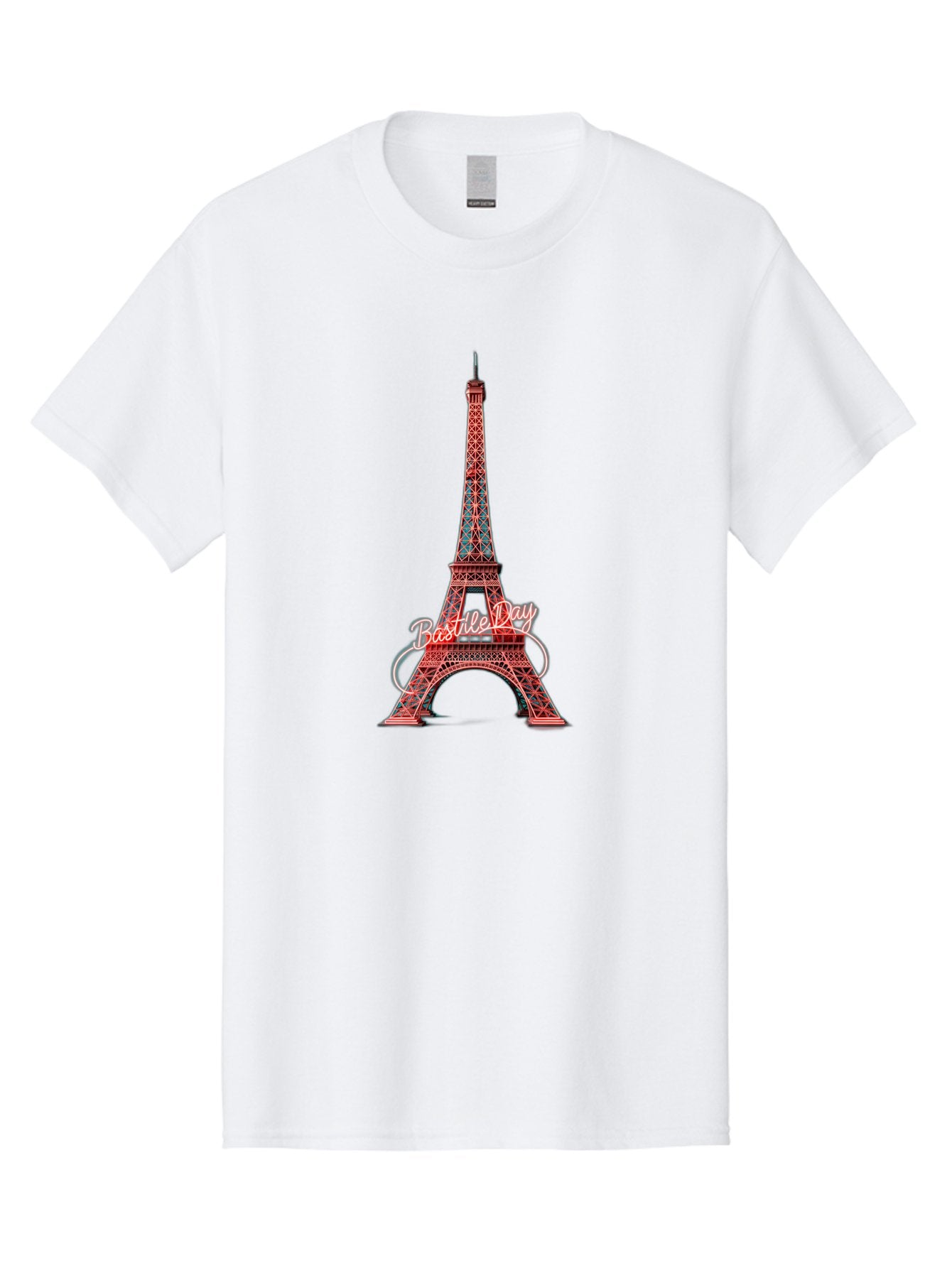 Bastille-Day-Eiffel-Tower Men'S Graphic Tee, 100% Cotton, Comfortable Casual Summer Wear, Machine Washable, Eiffel Tower, Red And Blue Lattice Design, Bastille Day, French Culture, Pink Cursive Text, White Swirls, Vibrant Colors, Bac619 9