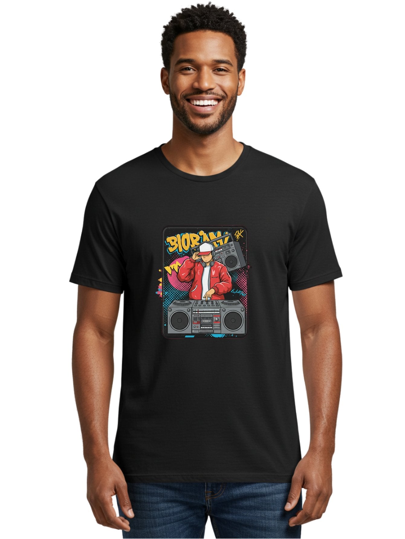 Biorpm Men'S Graphic Tee, 100% Cotton, Comfortable Casual Summer Wear, Machine Washable, Dj Mixing Music, Boombox, Red Jacket, White Hat, Hip Hop Style, Graffiti Art, Urban Culture, Streetwear Fashion, Music Producer, Electronic Dance Music Bac621 21