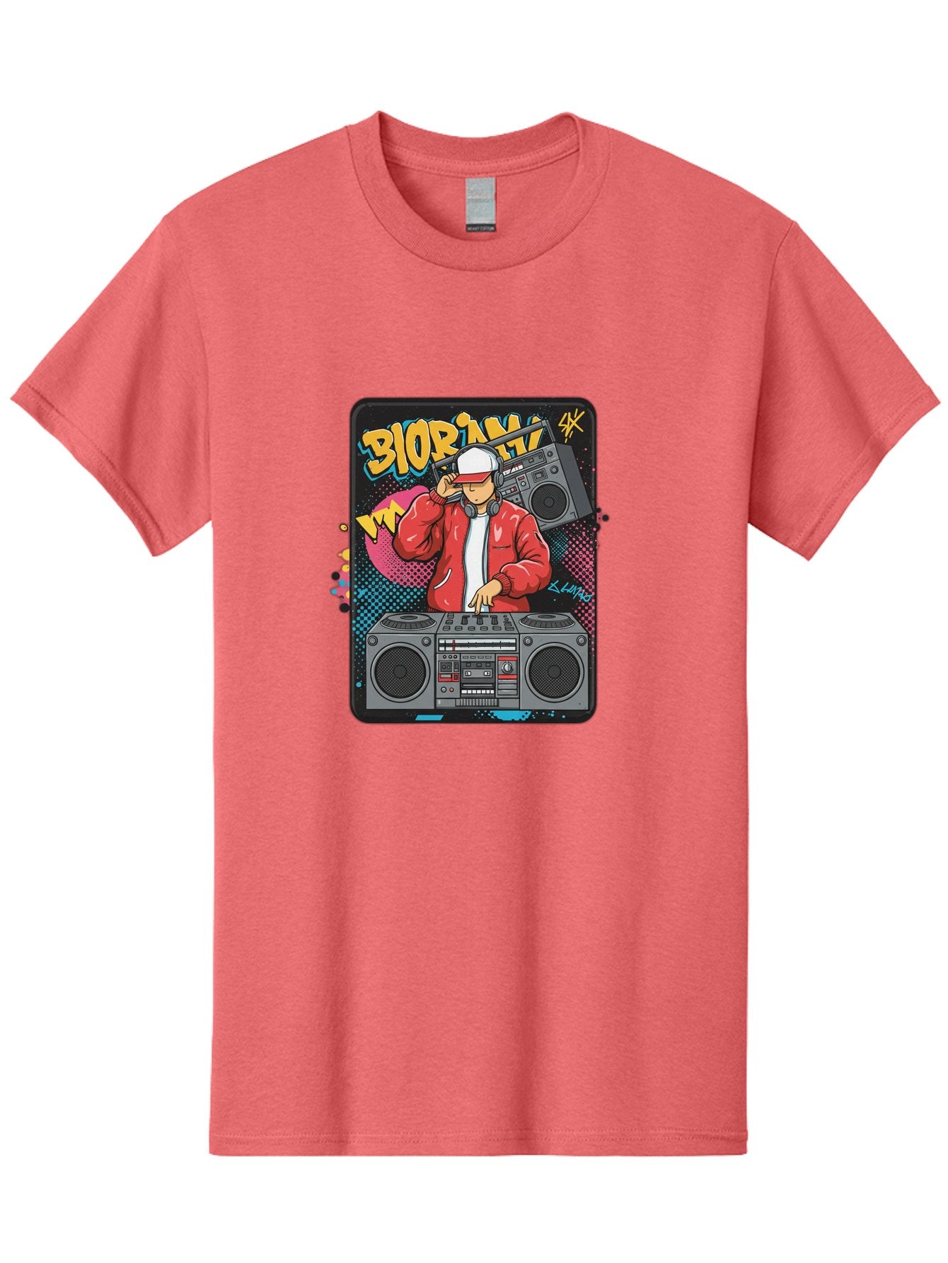 Biorpm Men'S Graphic Tee, 100% Cotton, Comfortable Casual Summer Wear, Machine Washable, Dj Mixing Music, Boombox, Red Jacket, White Hat, Hip Hop Style, Graffiti Art, Urban Culture, Streetwear Fashion, Music Producer, Electronic Dance Music Bac621 10