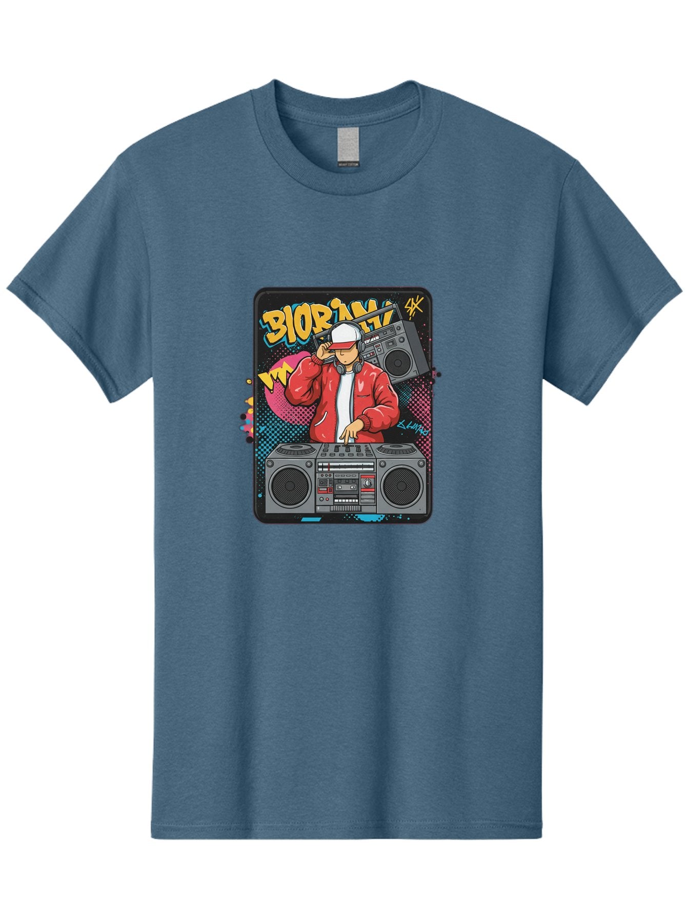 Biorpm Men'S Graphic Tee, 100% Cotton, Comfortable Casual Summer Wear, Machine Washable, Dj Mixing Music, Boombox, Red Jacket, White Hat, Hip Hop Style, Graffiti Art, Urban Culture, Streetwear Fashion, Music Producer, Electronic Dance Music Bac621 15