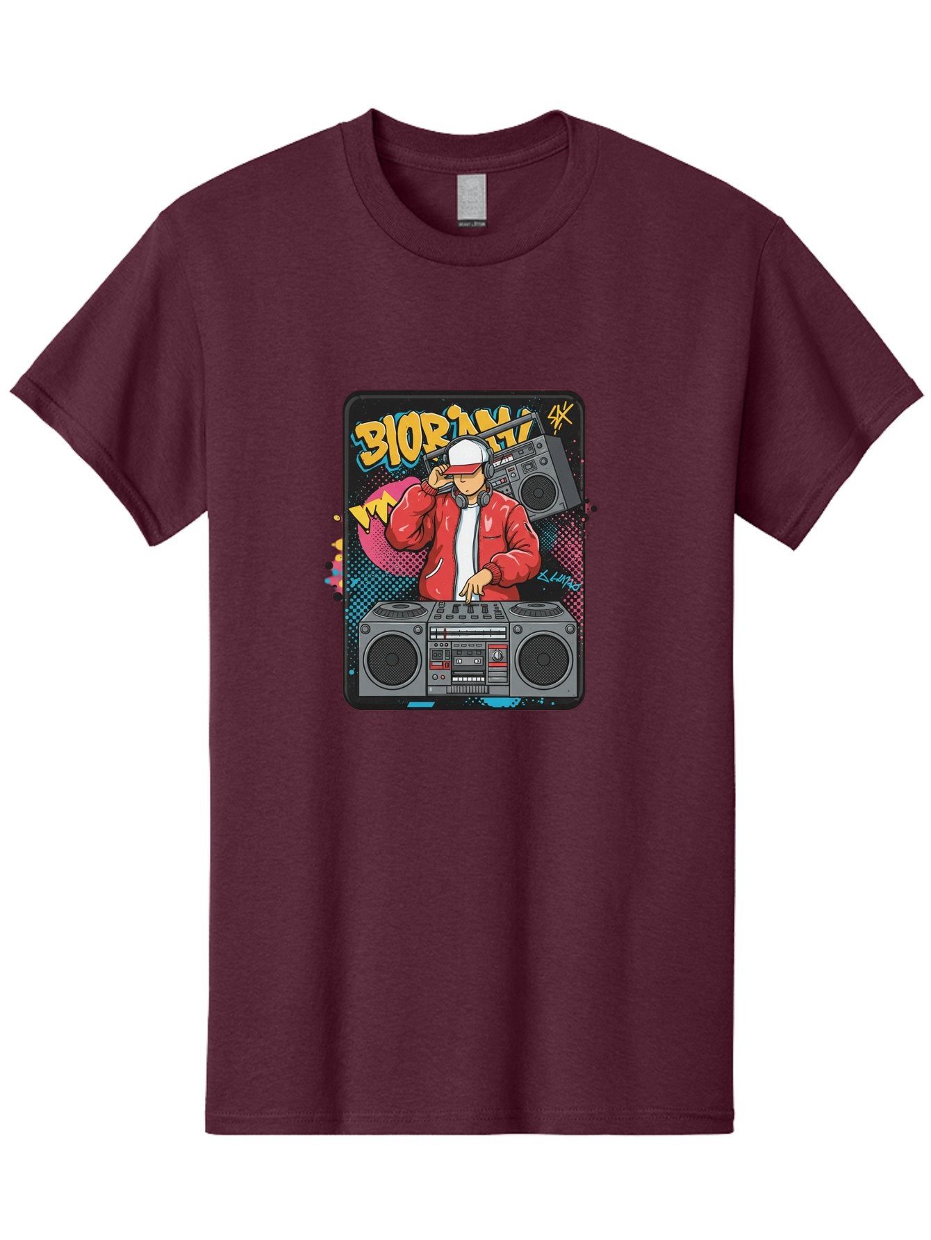 Biorpm Men'S Graphic Tee, 100% Cotton, Comfortable Casual Summer Wear, Machine Washable, Dj Mixing Music, Boombox, Red Jacket, White Hat, Hip Hop Style, Graffiti Art, Urban Culture, Streetwear Fashion, Music Producer, Electronic Dance Music Bac621 9