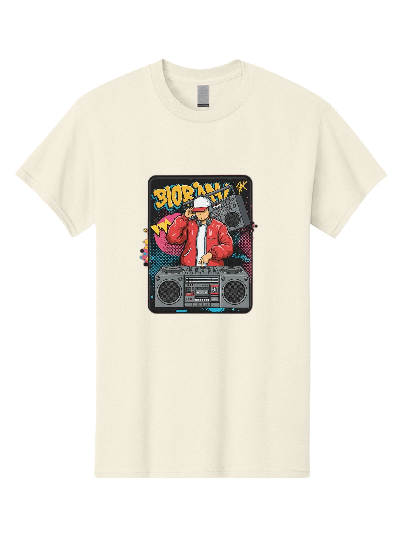 Biorpm Men'S Graphic Tee, 100% Cotton, Comfortable Casual Summer Wear, Machine Washable, Dj Mixing Music, Boombox, Red Jacket, White Hat, Hip Hop Style, Graffiti Art, Urban Culture, Streetwear Fashion, Music Producer, Electronic Dance Music Bac621 3