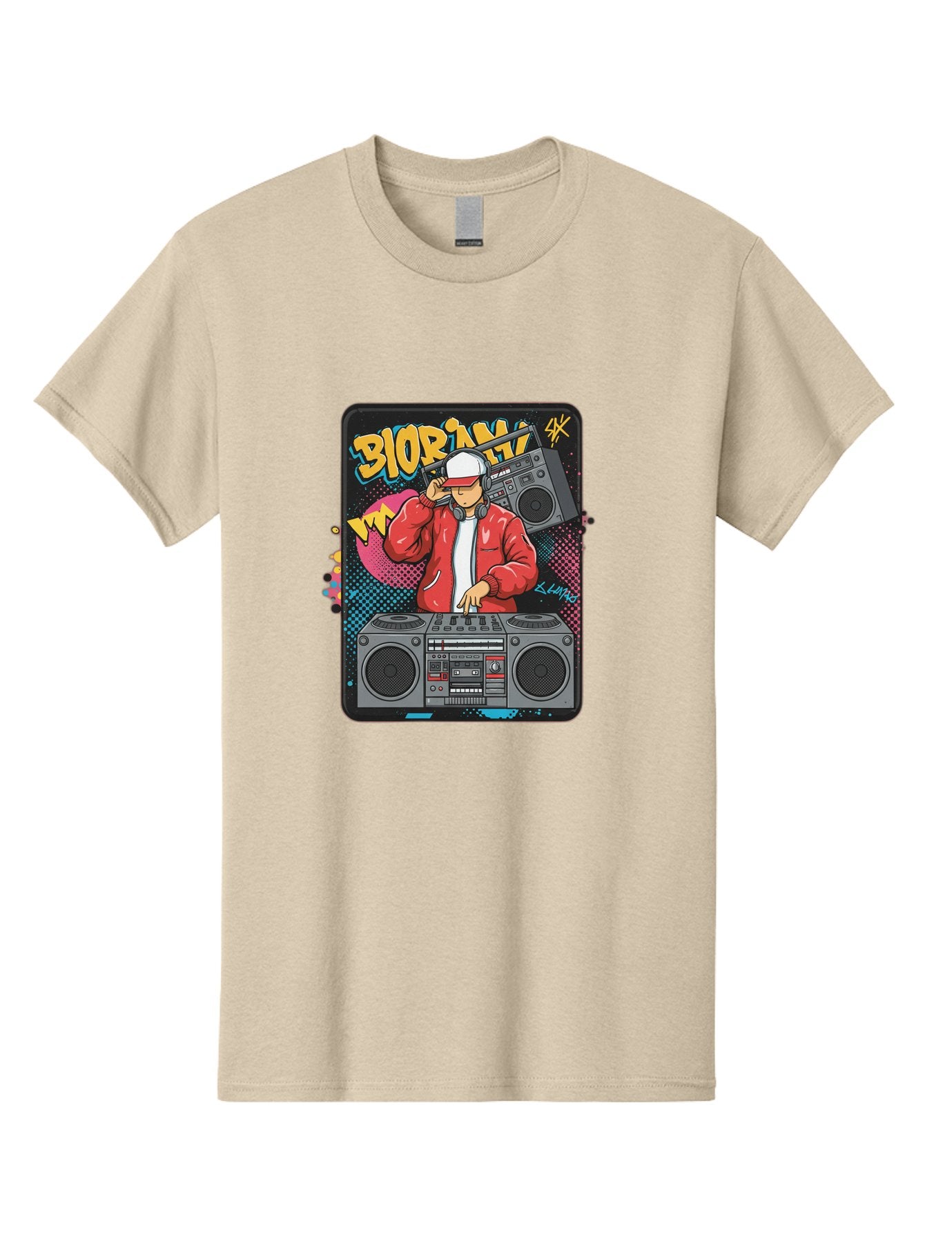 Biorpm Men'S Graphic Tee, 100% Cotton, Comfortable Casual Summer Wear, Machine Washable, Dj Mixing Music, Boombox, Red Jacket, White Hat, Hip Hop Style, Graffiti Art, Urban Culture, Streetwear Fashion, Music Producer, Electronic Dance Music Bac621 11