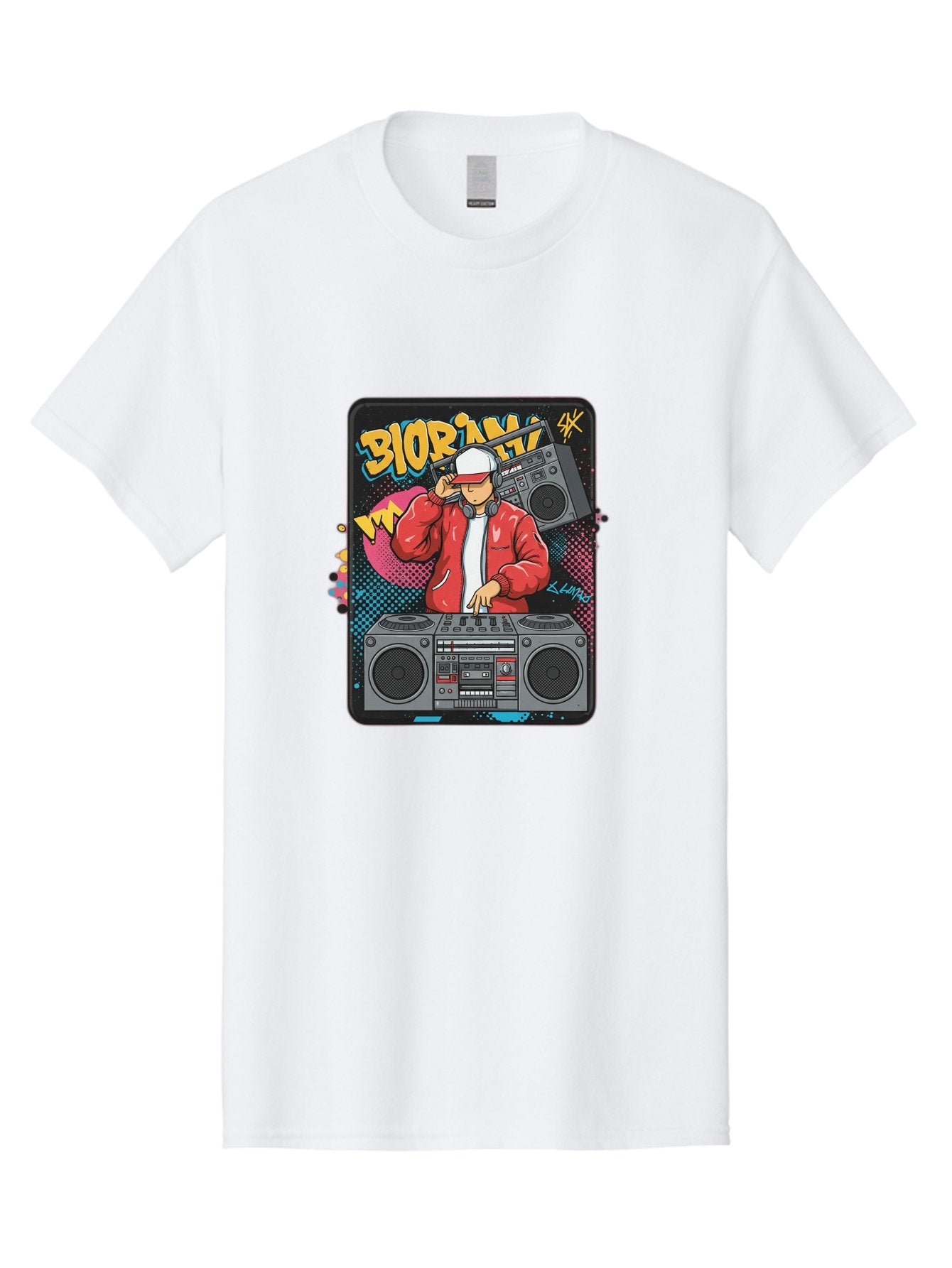 Biorpm Men'S Graphic Tee, 100% Cotton, Comfortable Casual Summer Wear, Machine Washable, Dj Mixing Music, Boombox, Red Jacket, White Hat, Hip Hop Style, Graffiti Art, Urban Culture, Streetwear Fashion, Music Producer, Electronic Dance Music Bac621 8