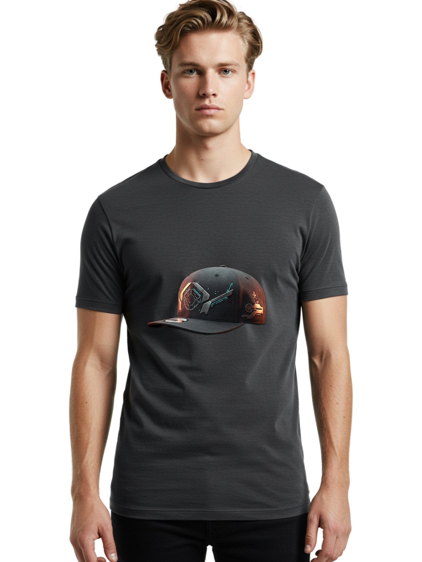 Black-Baseball-Cap Men'S Graphic Tee, 100% Cotton, Comfortable Casual Summer Wear, Machine Washable, Futuristic Baseball Cap, Cyberpunk Design, Neon Lights, High-Tech, Avant-Garde Fashion, Streetwear, Modern Accessories, Bold Graphics, Bac623 22
