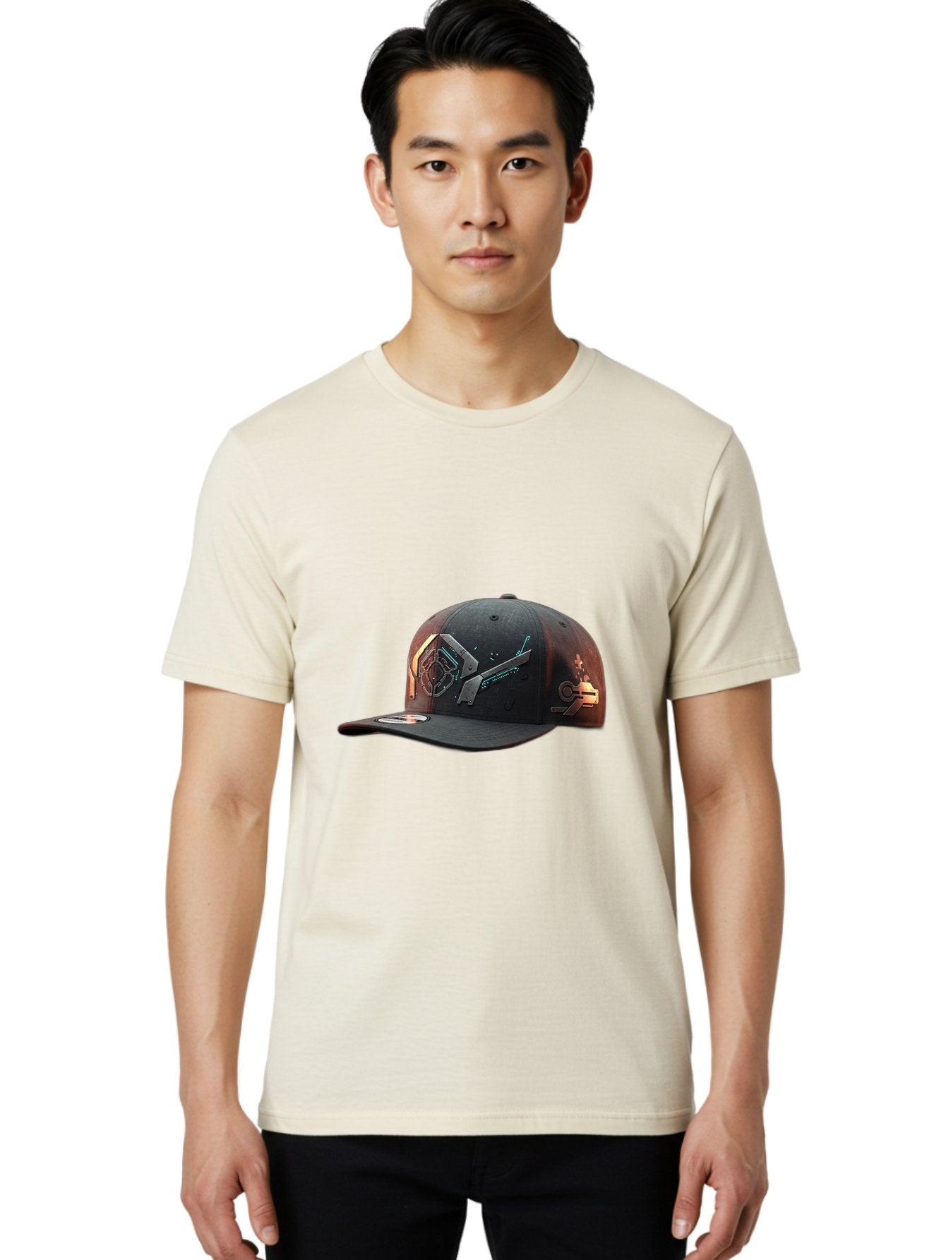 Black-Baseball-Cap Men'S Graphic Tee, 100% Cotton, Comfortable Casual Summer Wear, Machine Washable, Futuristic Baseball Cap, Cyberpunk Design, Neon Lights, High-Tech, Avant-Garde Fashion, Streetwear, Modern Accessories, Bold Graphics, Bac623 25