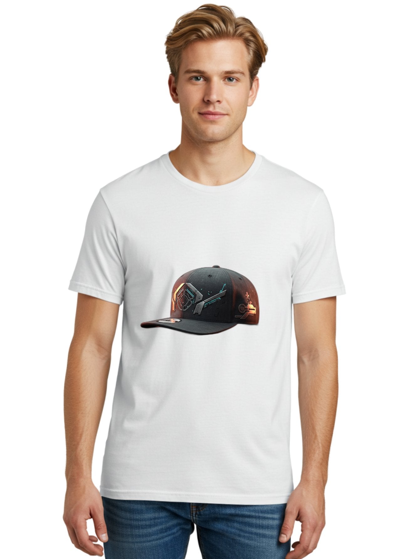 Black-Baseball-Cap Men'S Graphic Tee, 100% Cotton, Comfortable Casual Summer Wear, Machine Washable, Futuristic Baseball Cap, Cyberpunk Design, Neon Lights, High-Tech, Avant-Garde Fashion, Streetwear, Modern Accessories, Bold Graphics, Bac623 24