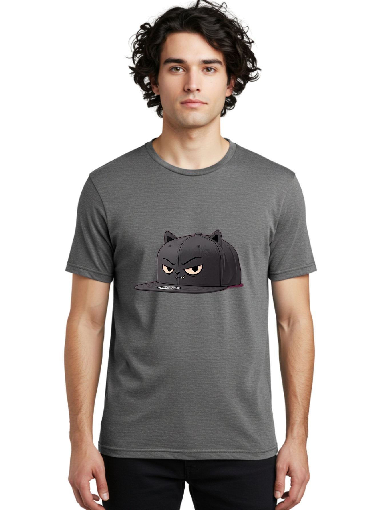 Black-Cat-Cap Men'S Graphic Tee, 100% Cotton, Comfortable Casual Summer Wear, Machine Washable, Black Baseball Cap, Cartoon Cat Face, Angry Expression, Feline Features, Black Hat, Grumpy Cat, Cat Ears, Trendy Accessory, Streetwear Fashion Bac624 16