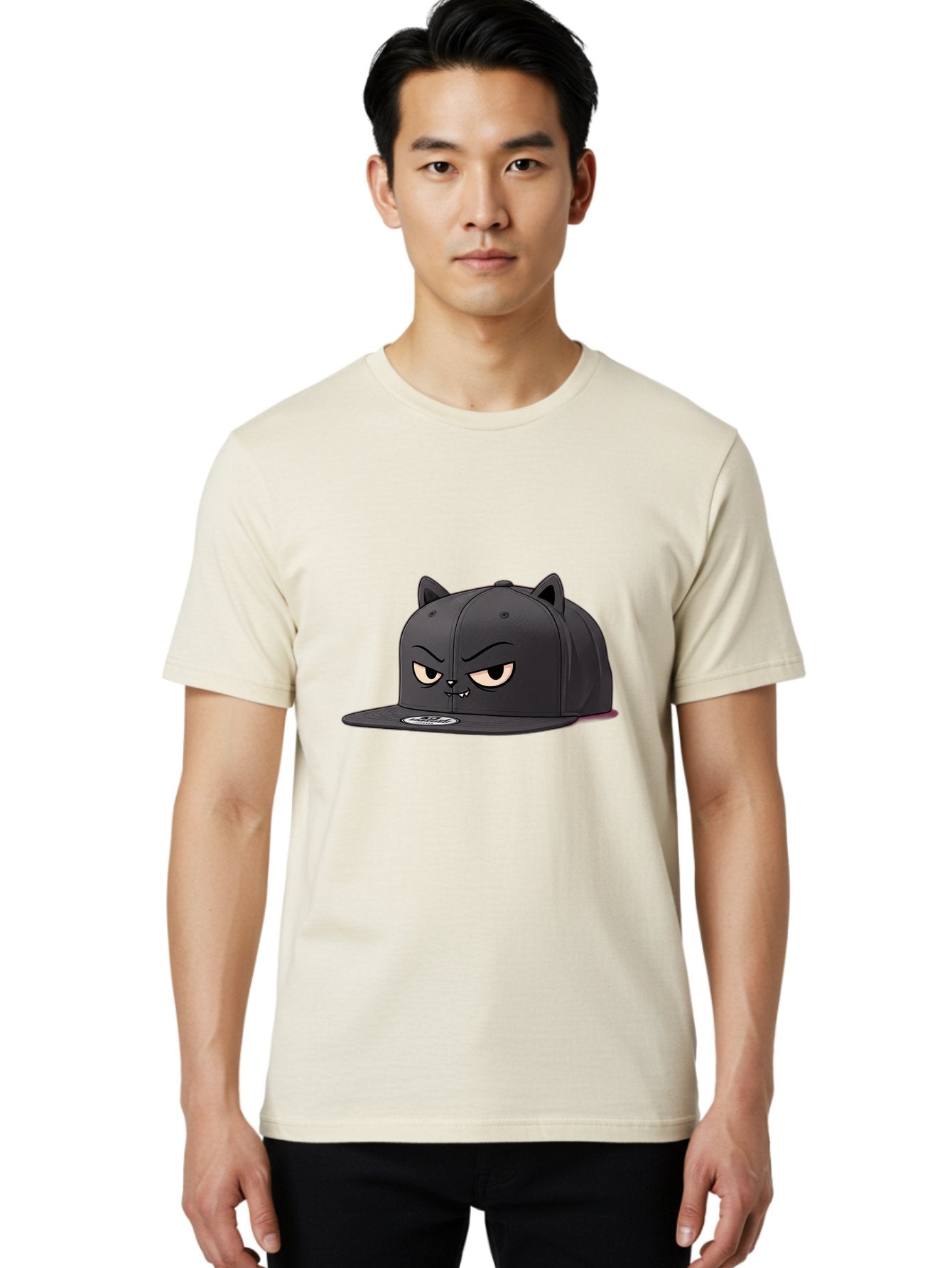 Black-Cat-Cap Men'S Graphic Tee, 100% Cotton, Comfortable Casual Summer Wear, Machine Washable, Black Baseball Cap, Cartoon Cat Face, Angry Expression, Feline Features, Black Hat, Grumpy Cat, Cat Ears, Trendy Accessory, Streetwear Fashion Bac624 26