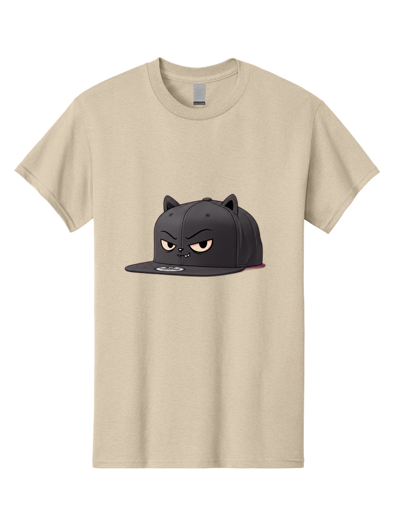Black-Cat-Cap Men'S Graphic Tee, 100% Cotton, Comfortable Casual Summer Wear, Machine Washable, Black Baseball Cap, Cartoon Cat Face, Angry Expression, Feline Features, Black Hat, Grumpy Cat, Cat Ears, Trendy Accessory, Streetwear Fashion Bac624