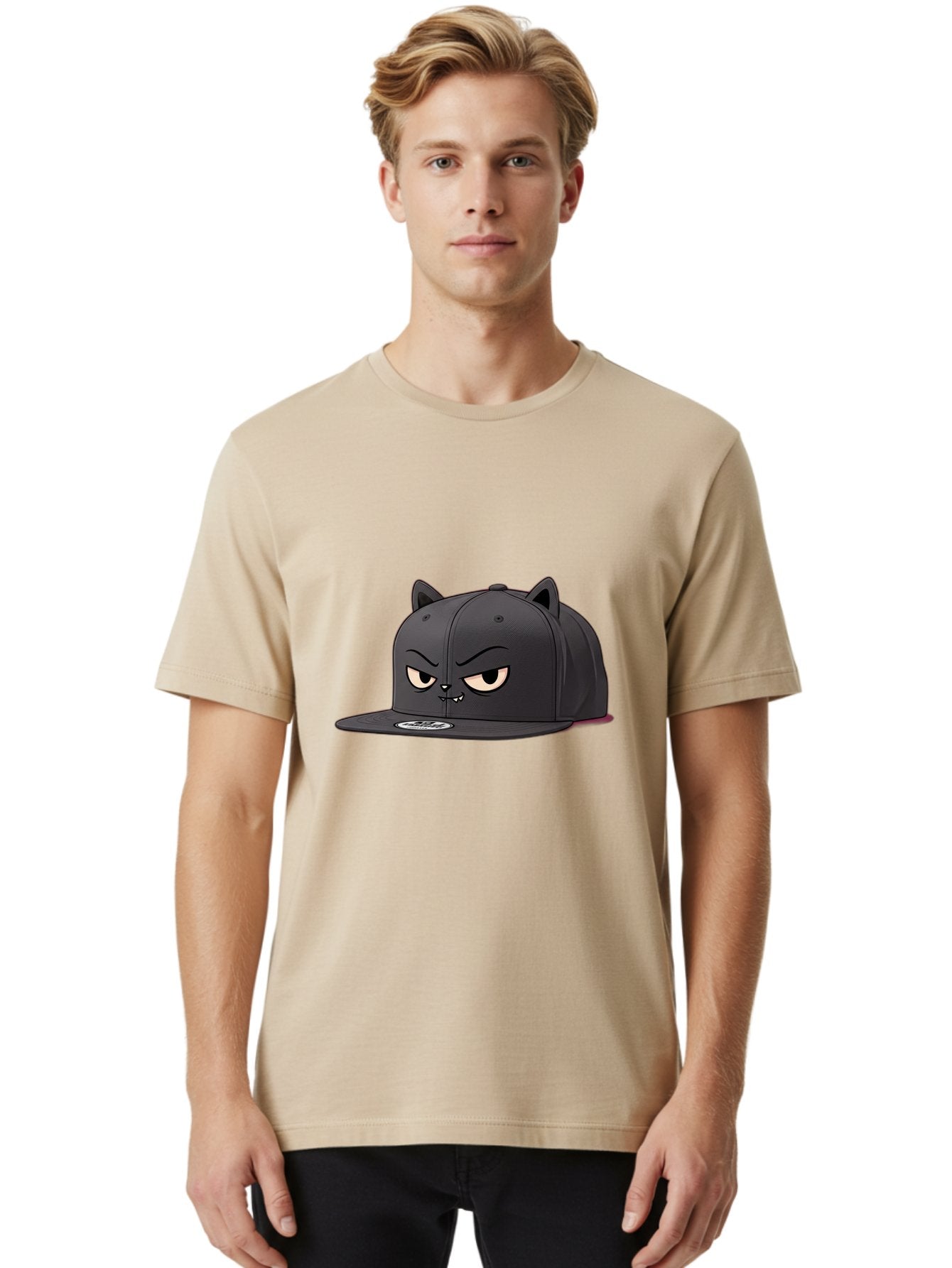 Black-Cat-Cap Men'S Graphic Tee, 100% Cotton, Comfortable Casual Summer Wear, Machine Washable, Black Baseball Cap, Cartoon Cat Face, Angry Expression, Feline Features, Black Hat, Grumpy Cat, Cat Ears, Trendy Accessory, Streetwear Fashion Bac624 19