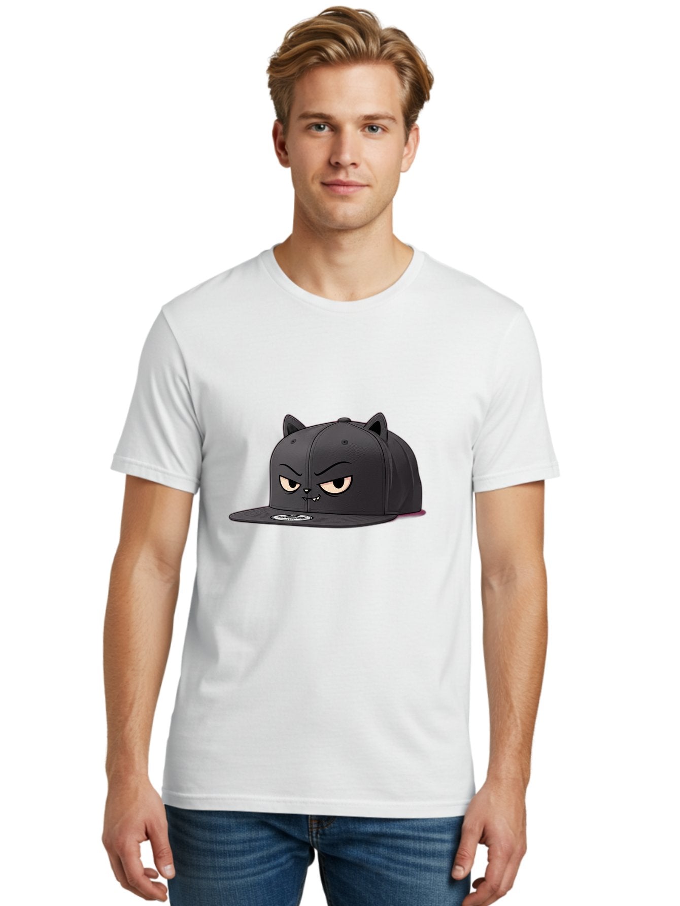 Black-Cat-Cap Men'S Graphic Tee, 100% Cotton, Comfortable Casual Summer Wear, Machine Washable, Black Baseball Cap, Cartoon Cat Face, Angry Expression, Feline Features, Black Hat, Grumpy Cat, Cat Ears, Trendy Accessory, Streetwear Fashion Bac624 17