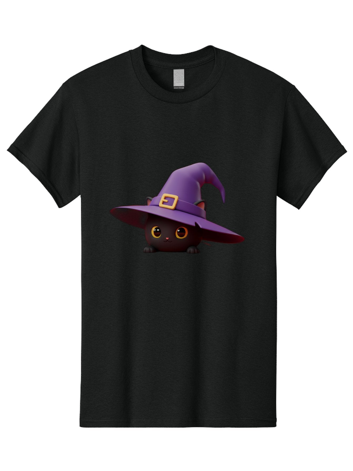 Black-Cat-In-Purple-Witch-Hat Men'S Graphic Tee, 100% Cotton, Comfortable Casual Summer Wear, Machine Washable, Black Cat, Purple Witch Hat, Gold Buckle, Cartoon Style, Whimsical Design, Halloween Theme, Cute Character, Yellow Eyes Bac625 3