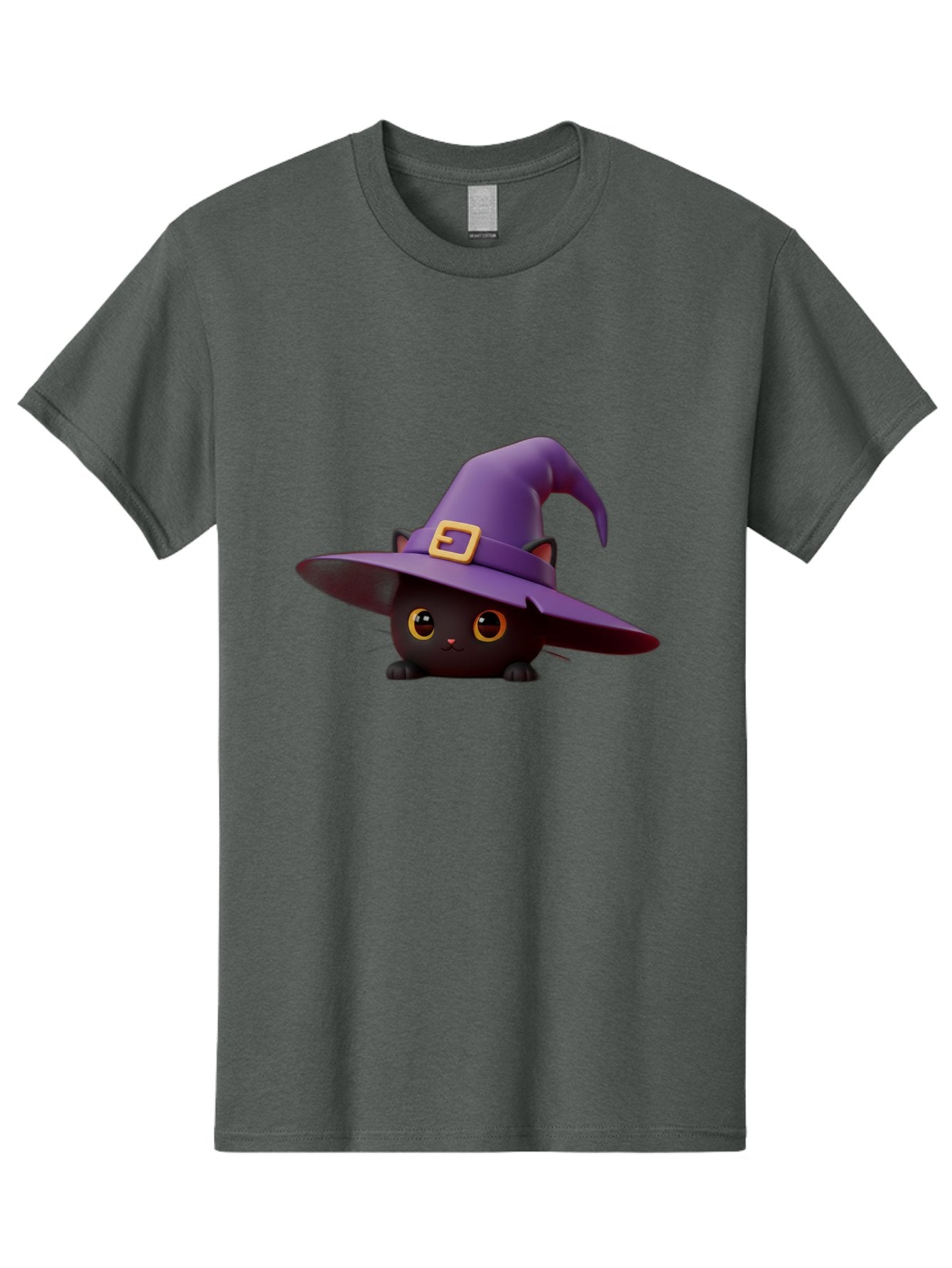 Black-Cat-In-Purple-Witch-Hat Men'S Graphic Tee, 100% Cotton, Comfortable Casual Summer Wear, Machine Washable, Black Cat, Purple Witch Hat, Gold Buckle, Cartoon Style, Whimsical Design, Halloween Theme, Cute Character, Yellow Eyes Bac625 8