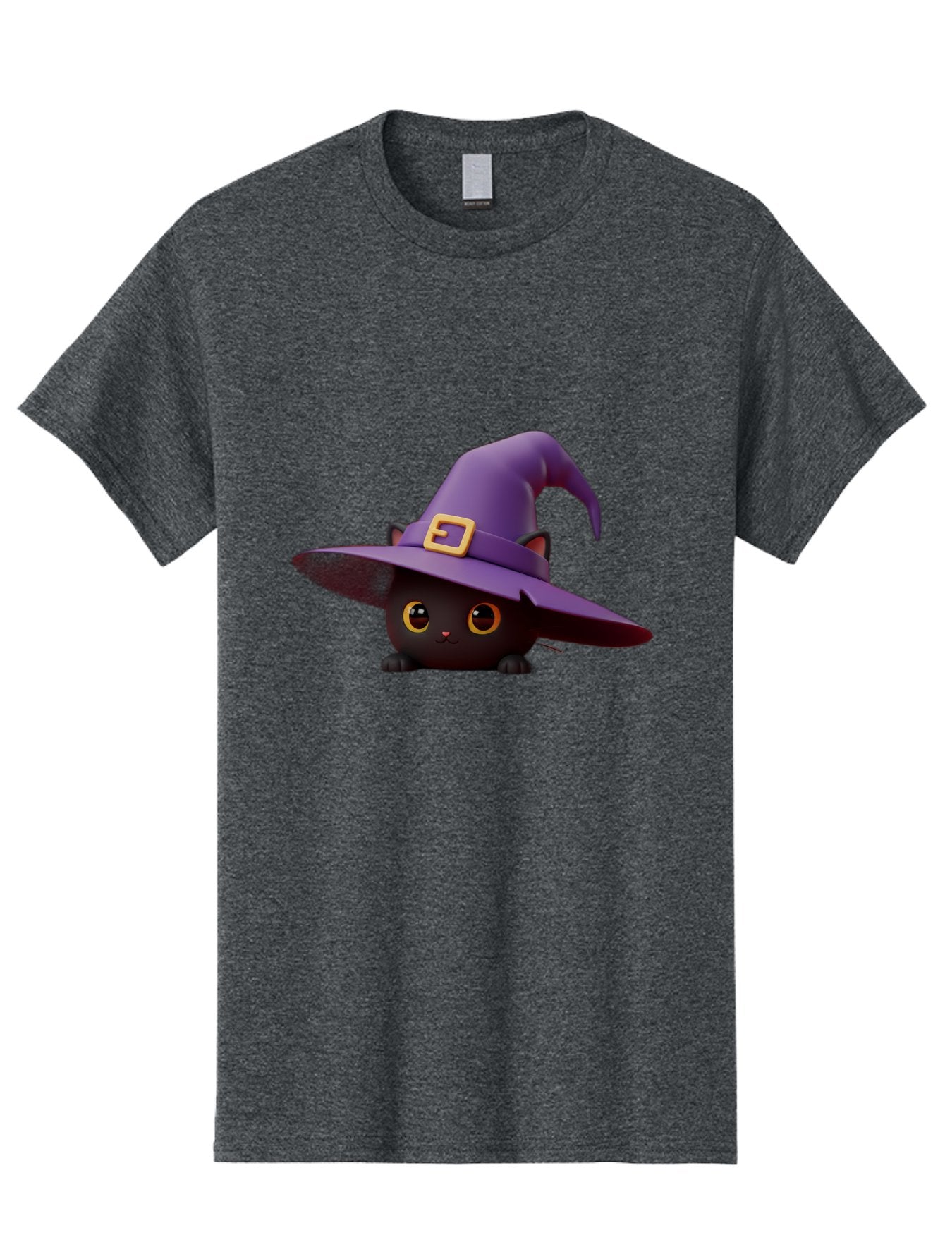 Black-Cat-In-Purple-Witch-Hat Men'S Graphic Tee, 100% Cotton, Comfortable Casual Summer Wear, Machine Washable, Black Cat, Purple Witch Hat, Gold Buckle, Cartoon Style, Whimsical Design, Halloween Theme, Cute Character, Yellow Eyes Bac625 7