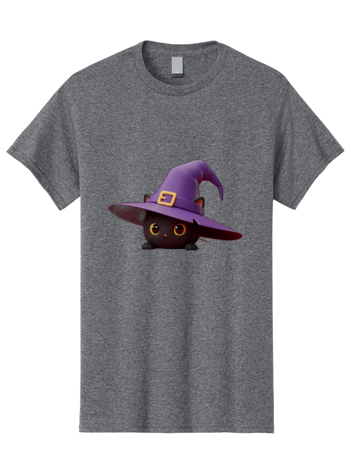 Black-Cat-In-Purple-Witch-Hat Men'S Graphic Tee, 100% Cotton, Comfortable Casual Summer Wear, Machine Washable, Black Cat, Purple Witch Hat, Gold Buckle, Cartoon Style, Whimsical Design, Halloween Theme, Cute Character, Yellow Eyes Bac625 15