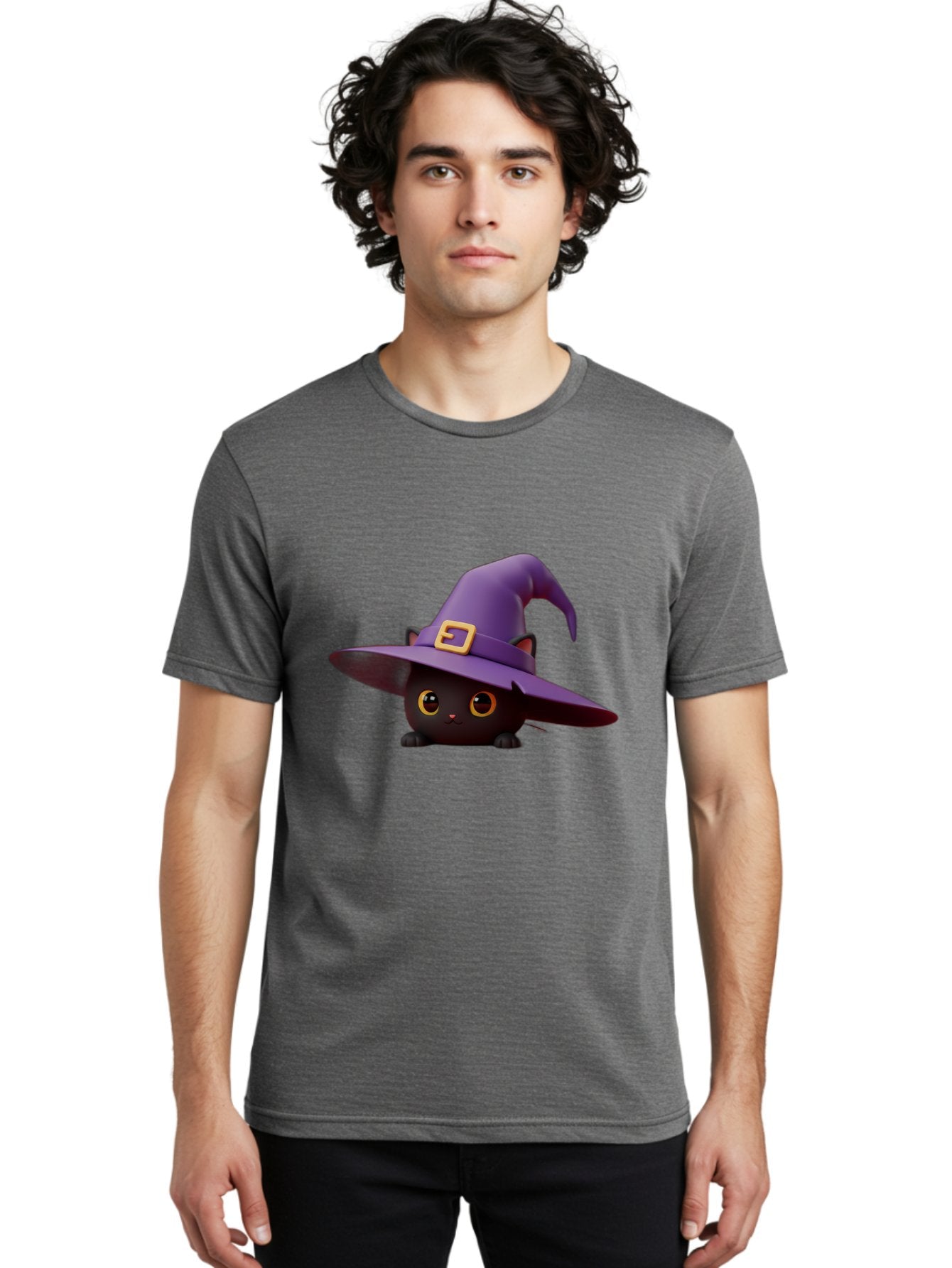 Black-Cat-In-Purple-Witch-Hat Men'S Graphic Tee, 100% Cotton, Comfortable Casual Summer Wear, Machine Washable, Black Cat, Purple Witch Hat, Gold Buckle, Cartoon Style, Whimsical Design, Halloween Theme, Cute Character, Yellow Eyes Bac625 30