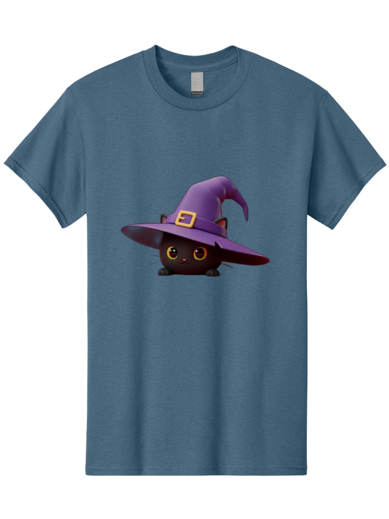 Black-Cat-In-Purple-Witch-Hat Men'S Graphic Tee, 100% Cotton, Comfortable Casual Summer Wear, Machine Washable, Black Cat, Purple Witch Hat, Gold Buckle, Cartoon Style, Whimsical Design, Halloween Theme, Cute Character, Yellow Eyes Bac625 4