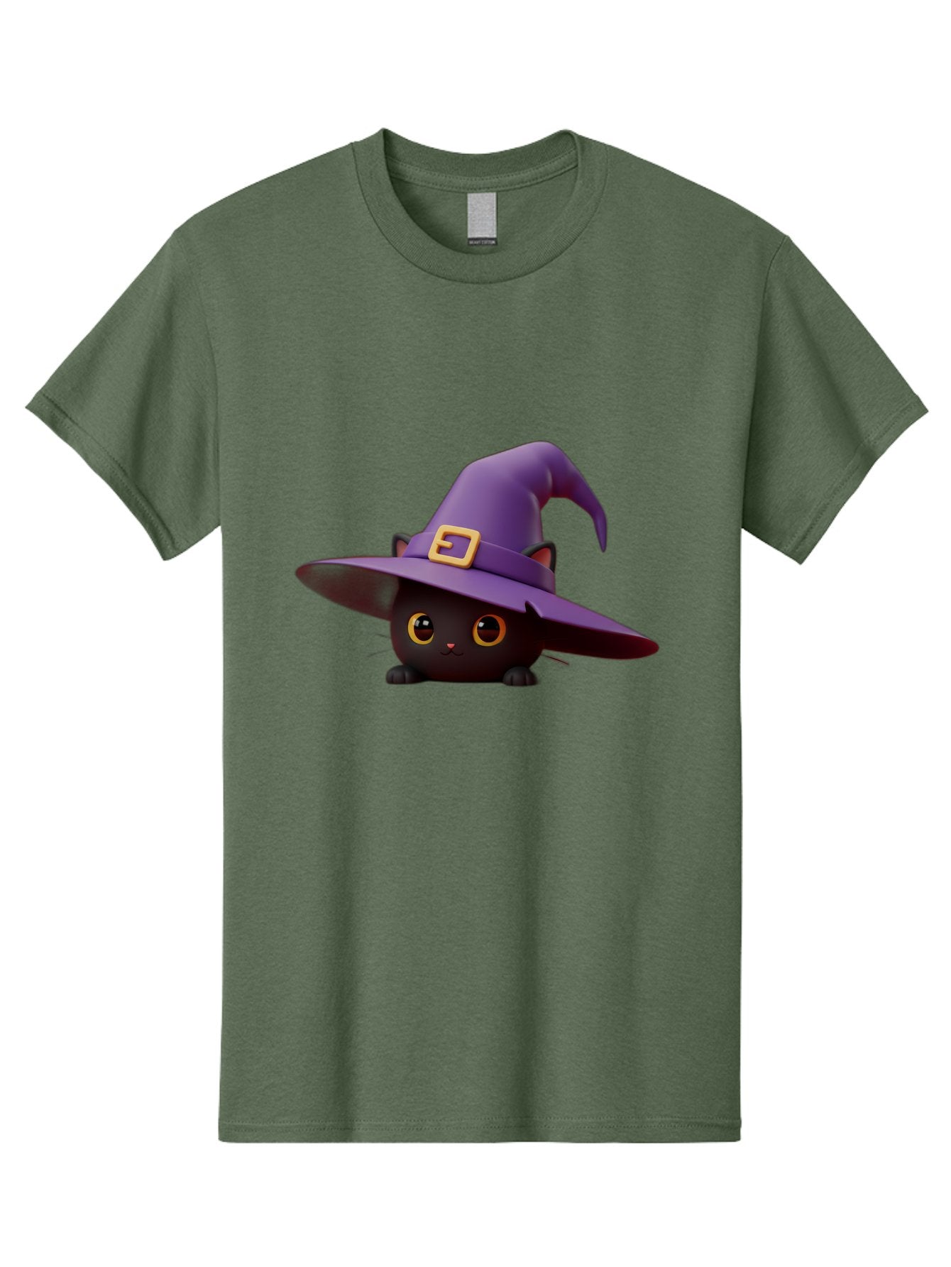 Black-Cat-In-Purple-Witch-Hat Men'S Graphic Tee, 100% Cotton, Comfortable Casual Summer Wear, Machine Washable, Black Cat, Purple Witch Hat, Gold Buckle, Cartoon Style, Whimsical Design, Halloween Theme, Cute Character, Yellow Eyes Bac625 6