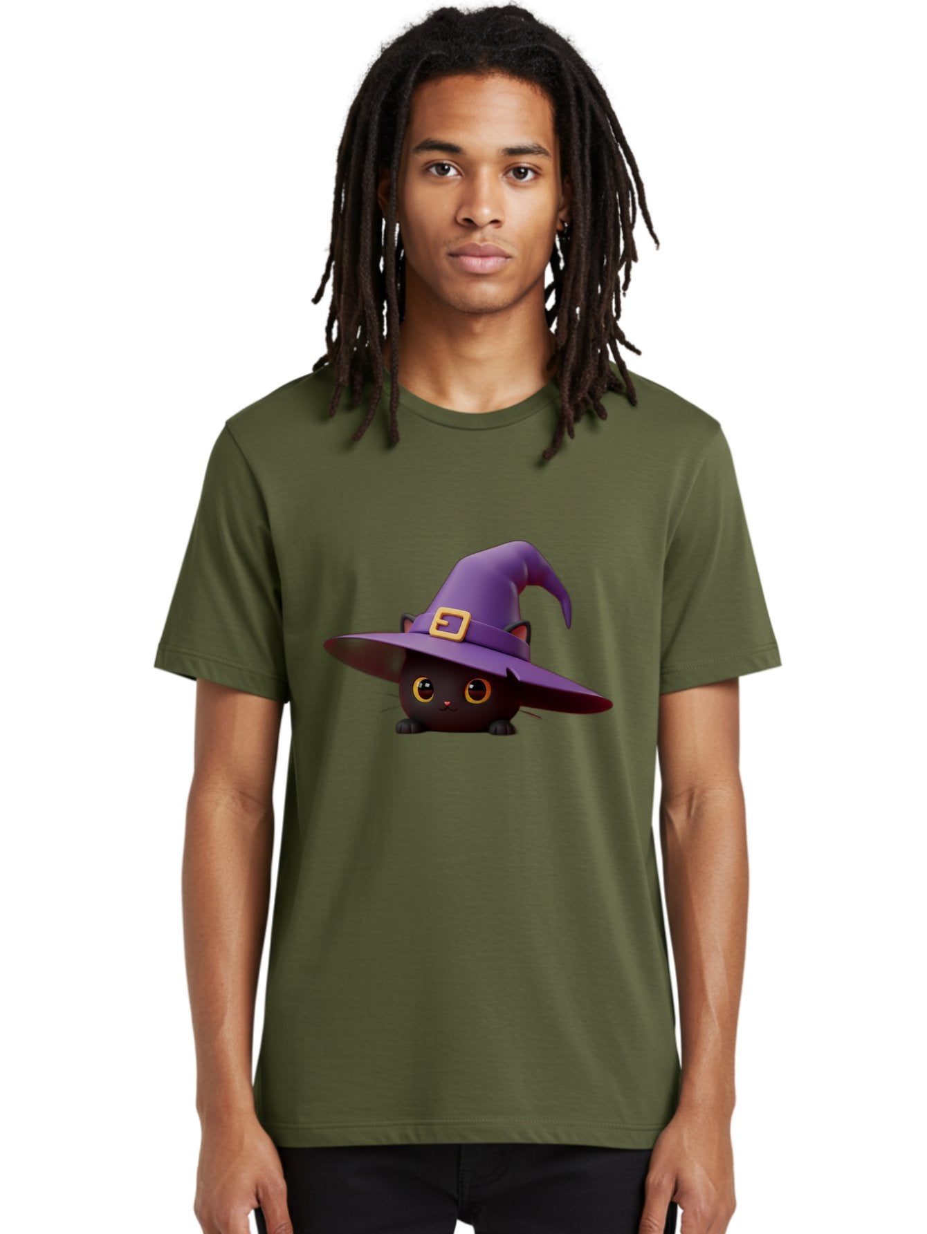 Black-Cat-In-Purple-Witch-Hat Men'S Graphic Tee, 100% Cotton, Comfortable Casual Summer Wear, Machine Washable, Black Cat, Purple Witch Hat, Gold Buckle, Cartoon Style, Whimsical Design, Halloween Theme, Cute Character, Yellow Eyes Bac625 24