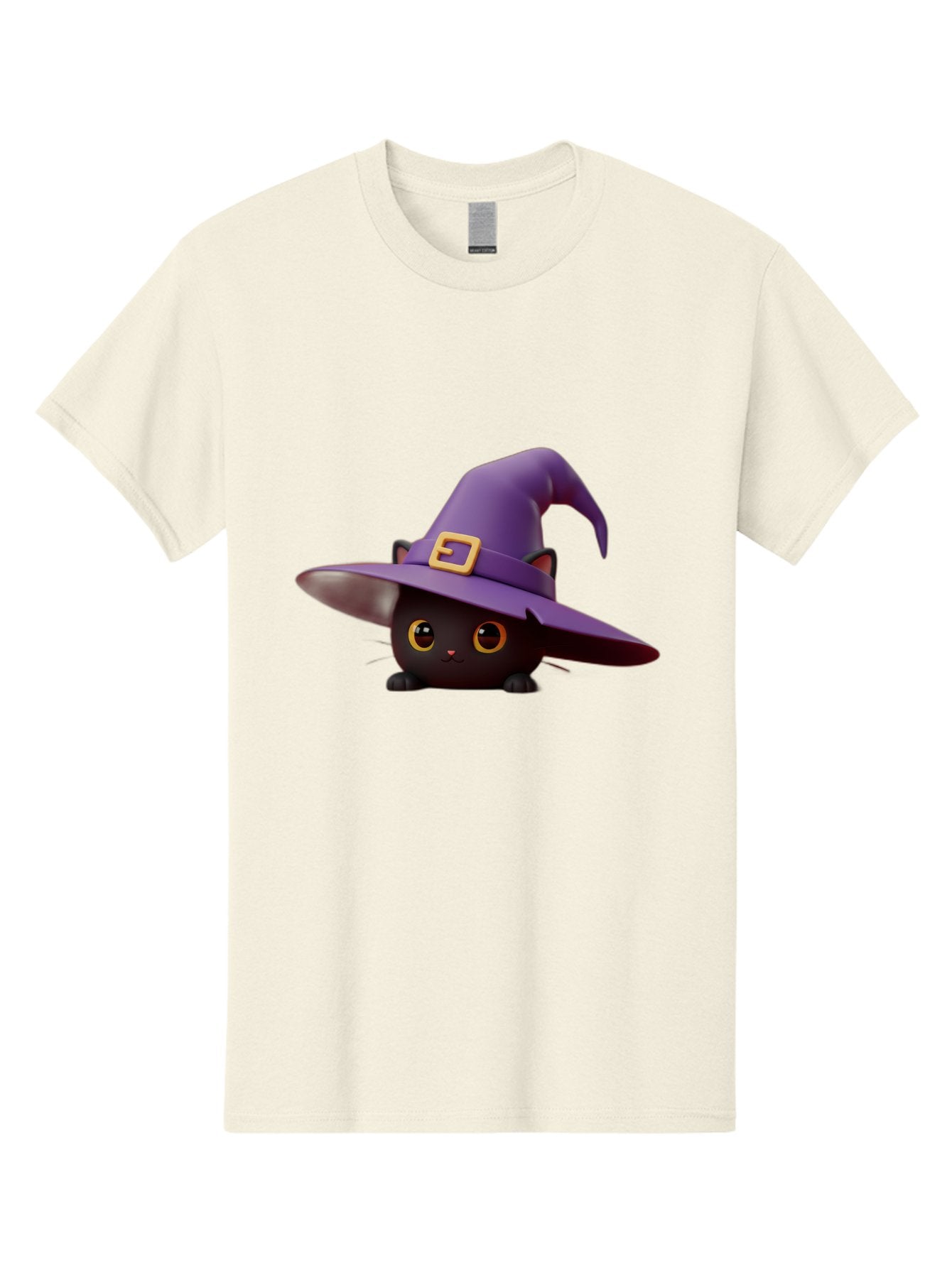 Black-Cat-In-Purple-Witch-Hat Men'S Graphic Tee, 100% Cotton, Comfortable Casual Summer Wear, Machine Washable, Black Cat, Purple Witch Hat, Gold Buckle, Cartoon Style, Whimsical Design, Halloween Theme, Cute Character, Yellow Eyes Bac625 11
