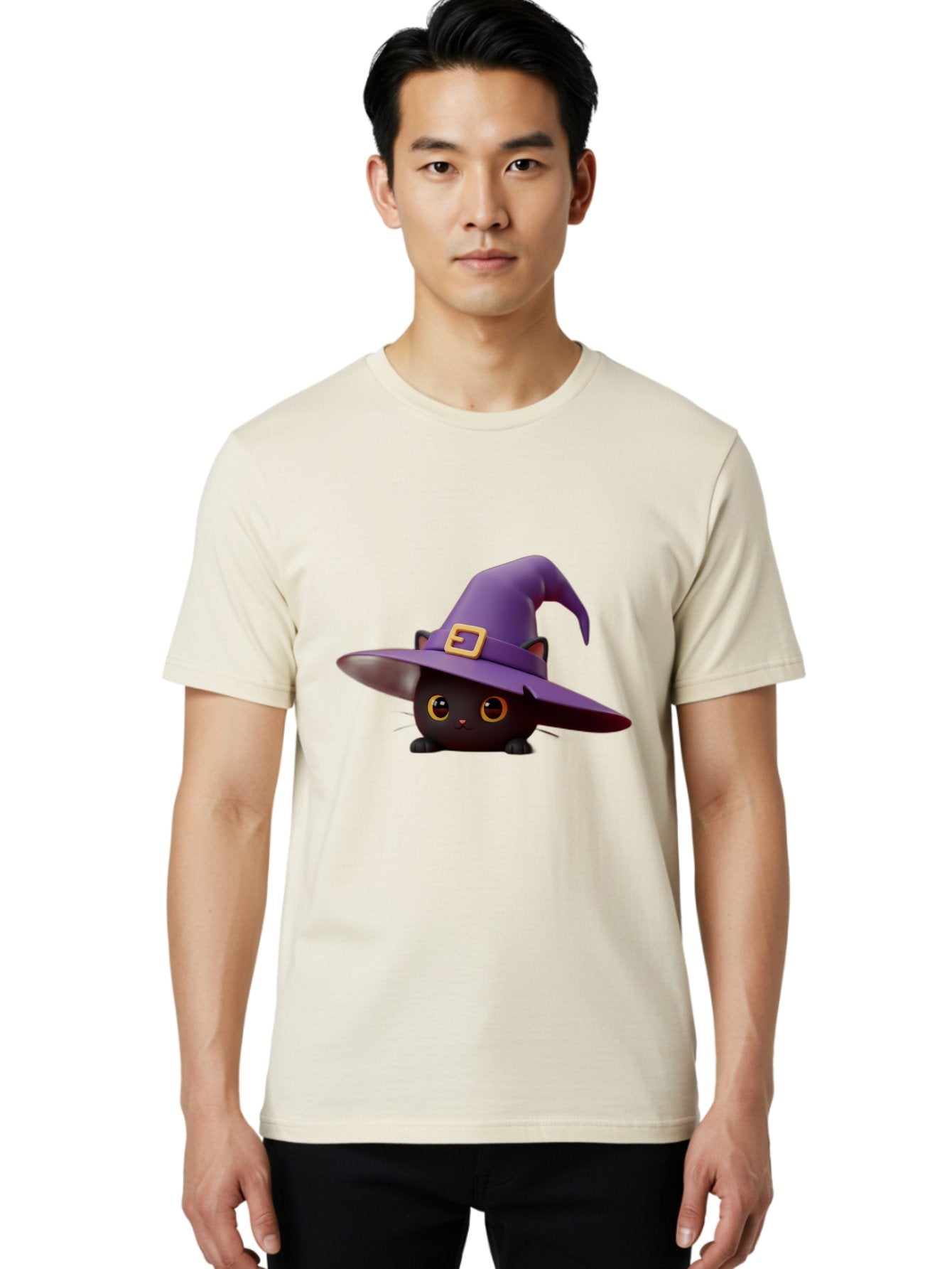 Black-Cat-In-Purple-Witch-Hat Men'S Graphic Tee, 100% Cotton, Comfortable Casual Summer Wear, Machine Washable, Black Cat, Purple Witch Hat, Gold Buckle, Cartoon Style, Whimsical Design, Halloween Theme, Cute Character, Yellow Eyes Bac625 27