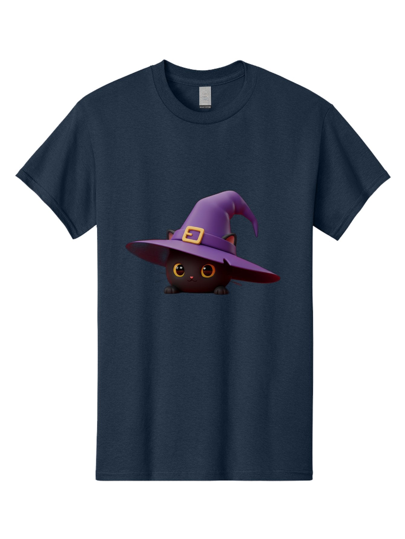 Black-Cat-In-Purple-Witch-Hat Men'S Graphic Tee, 100% Cotton, Comfortable Casual Summer Wear, Machine Washable, Black Cat, Purple Witch Hat, Gold Buckle, Cartoon Style, Whimsical Design, Halloween Theme, Cute Character, Yellow Eyes Bac625 14