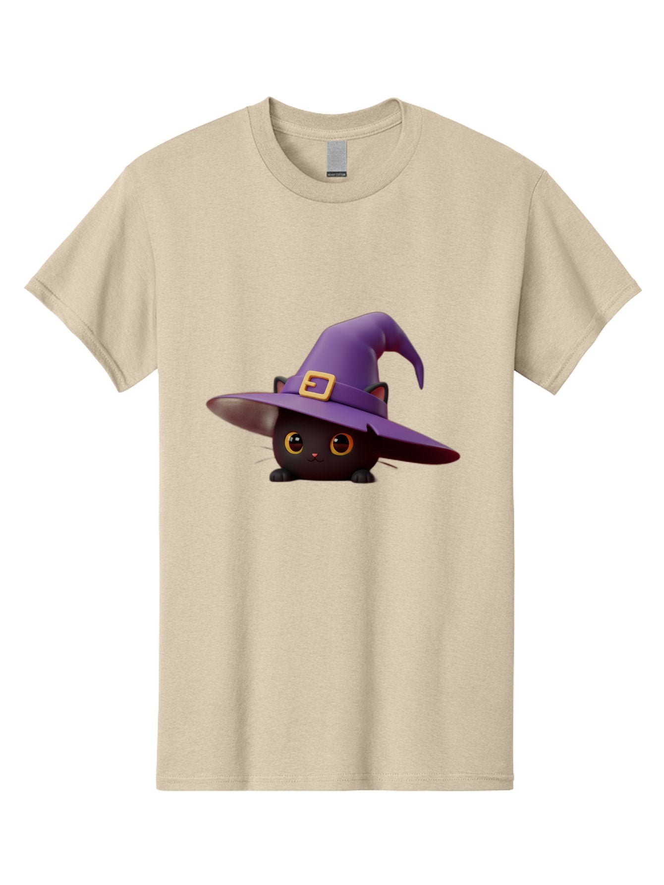 Black-Cat-In-Purple-Witch-Hat Men'S Graphic Tee, 100% Cotton, Comfortable Casual Summer Wear, Machine Washable, Black Cat, Purple Witch Hat, Gold Buckle, Cartoon Style, Whimsical Design, Halloween Theme, Cute Character, Yellow Eyes Bac625 10