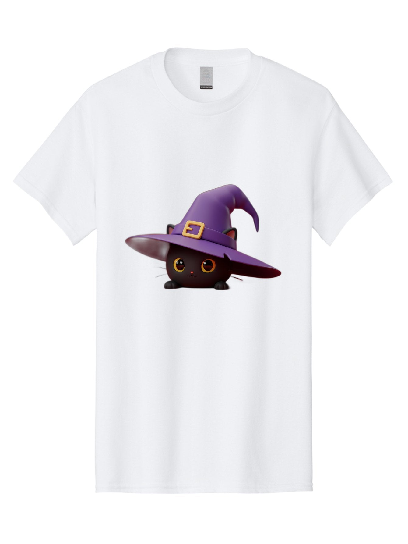 Black-Cat-In-Purple-Witch-Hat Men'S Graphic Tee, 100% Cotton, Comfortable Casual Summer Wear, Machine Washable, Black Cat, Purple Witch Hat, Gold Buckle, Cartoon Style, Whimsical Design, Halloween Theme, Cute Character, Yellow Eyes Bac625