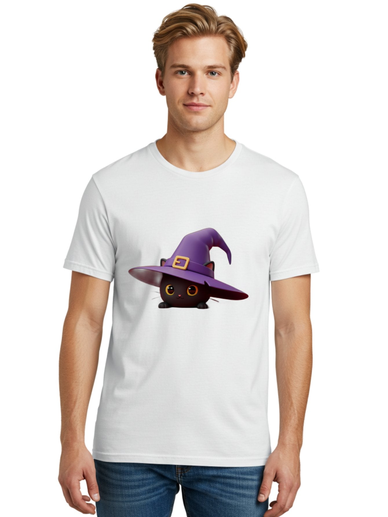 Black-Cat-In-Purple-Witch-Hat Men'S Graphic Tee, 100% Cotton, Comfortable Casual Summer Wear, Machine Washable, Black Cat, Purple Witch Hat, Gold Buckle, Cartoon Style, Whimsical Design, Halloween Theme, Cute Character, Yellow Eyes Bac625 21