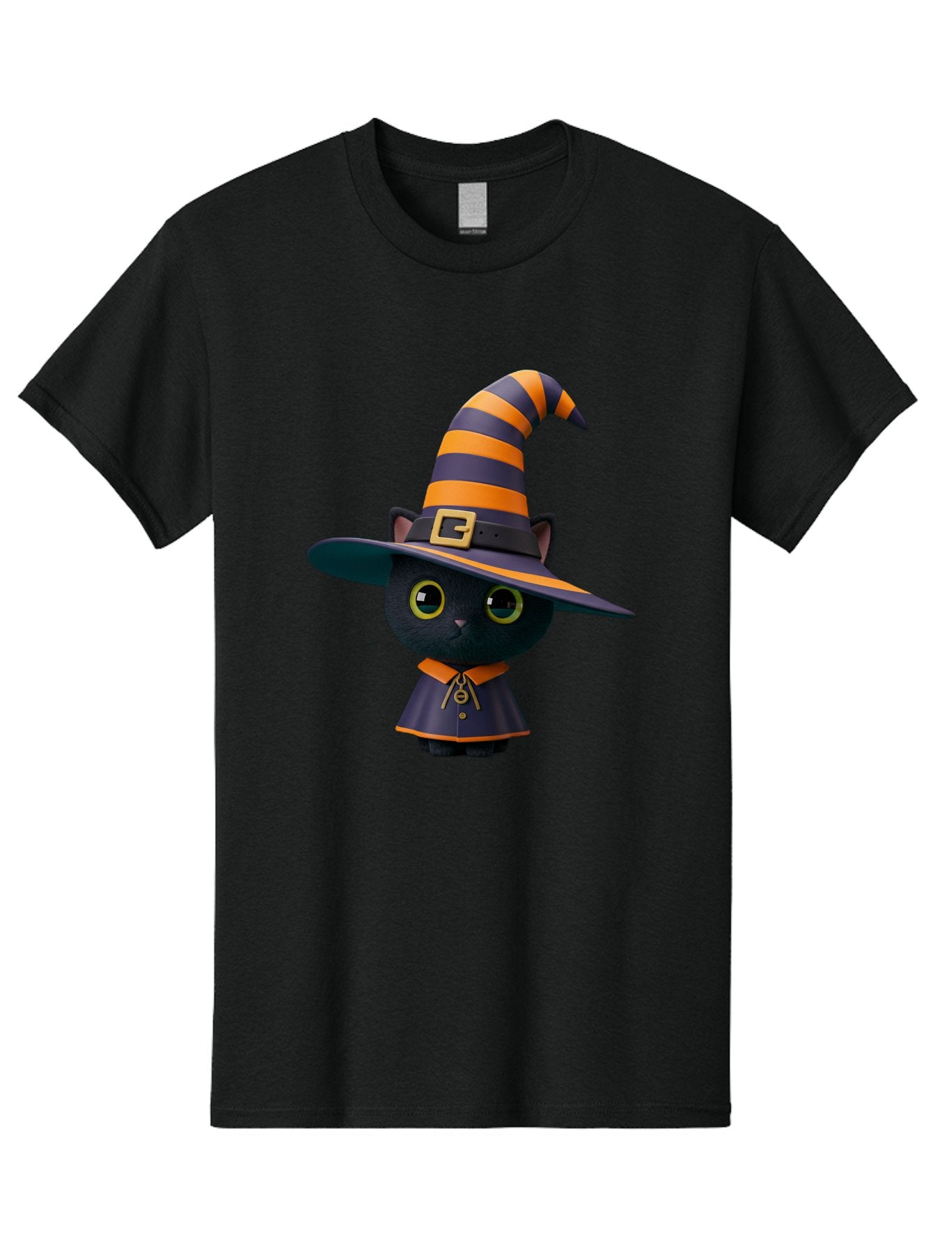 Black-Cat-In-Witch-Hat Men'S Graphic Tee, 100% Cotton, Comfortable Casual Summer Wear, Machine Washable, Black Cat, Witch Costume, Orange And Black Stripes, Cartoon Character, Halloween Theme, Spooky Kitty, Cute Animal, 3D Illustration, Bac626 10