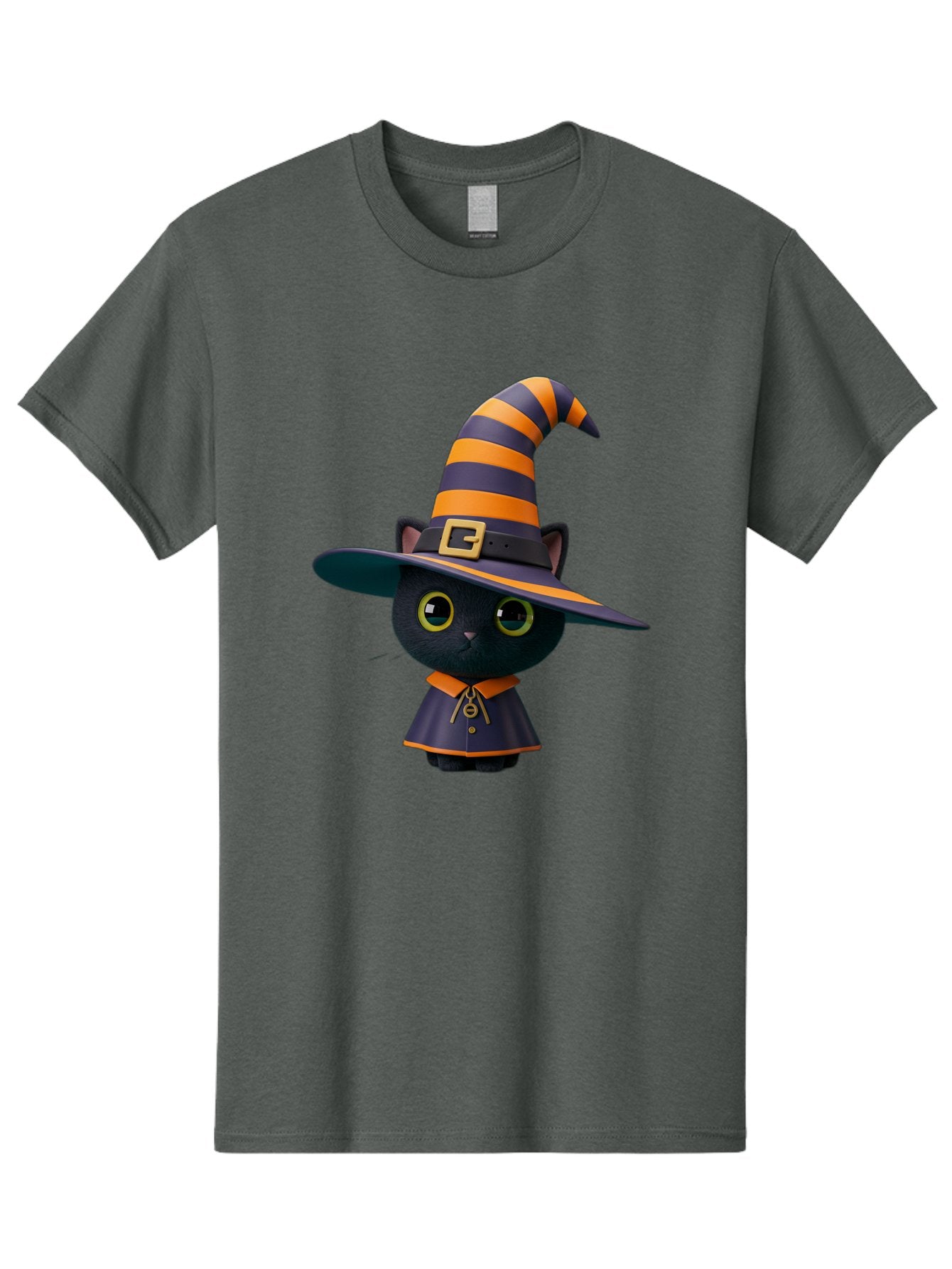 Black-Cat-In-Witch-Hat Men'S Graphic Tee, 100% Cotton, Comfortable Casual Summer Wear, Machine Washable, Black Cat, Witch Costume, Orange And Black Stripes, Cartoon Character, Halloween Theme, Spooky Kitty, Cute Animal, 3D Illustration, Bac626 6