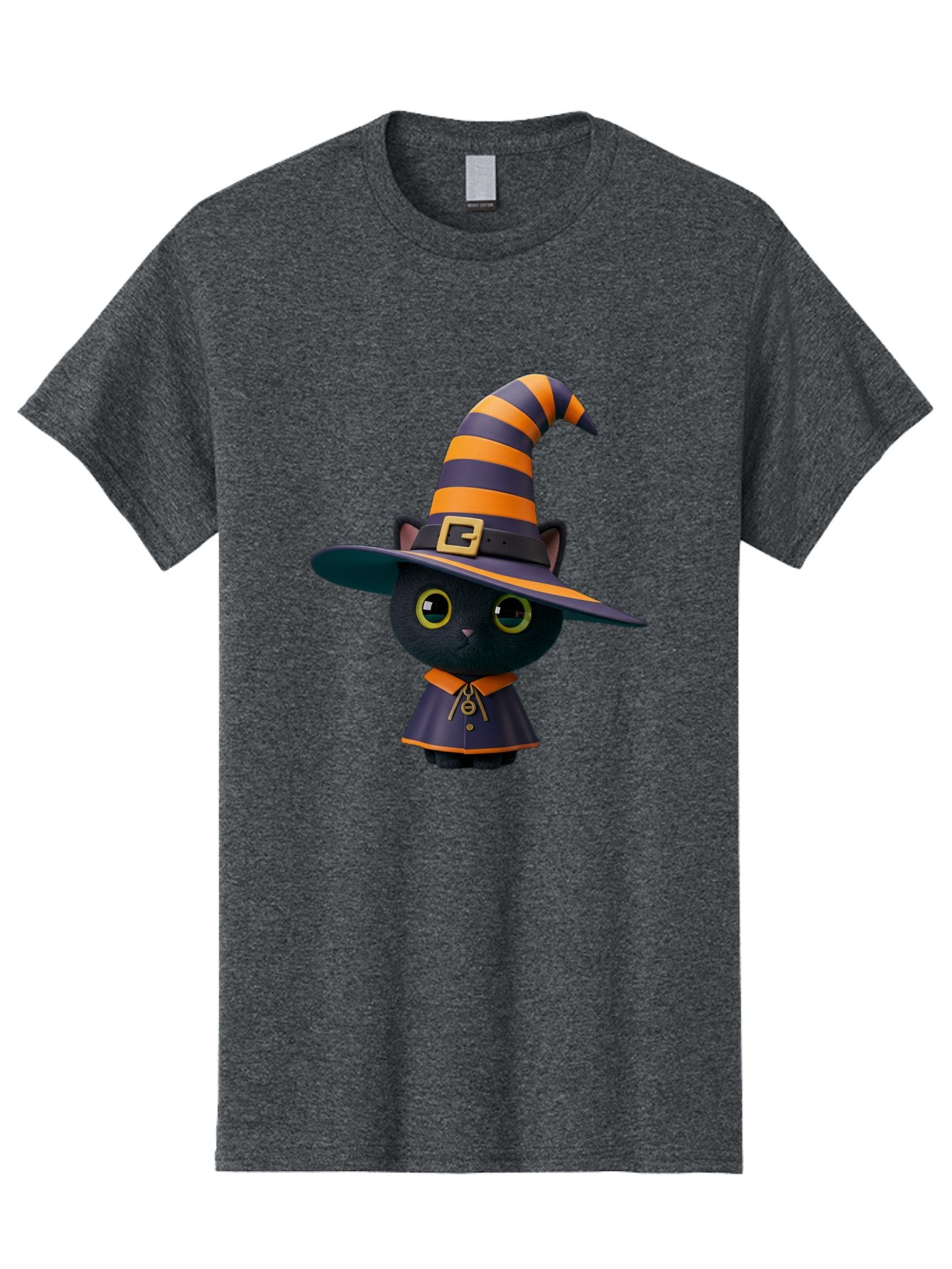 Black-Cat-In-Witch-Hat Men'S Graphic Tee, 100% Cotton, Comfortable Casual Summer Wear, Machine Washable, Black Cat, Witch Costume, Orange And Black Stripes, Cartoon Character, Halloween Theme, Spooky Kitty, Cute Animal, 3D Illustration, Bac626 12