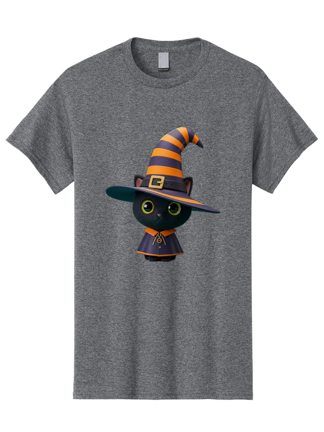Black-Cat-In-Witch-Hat Men'S Graphic Tee, 100% Cotton, Comfortable Casual Summer Wear, Machine Washable, Black Cat, Witch Costume, Orange And Black Stripes, Cartoon Character, Halloween Theme, Spooky Kitty, Cute Animal, 3D Illustration, Bac626 4