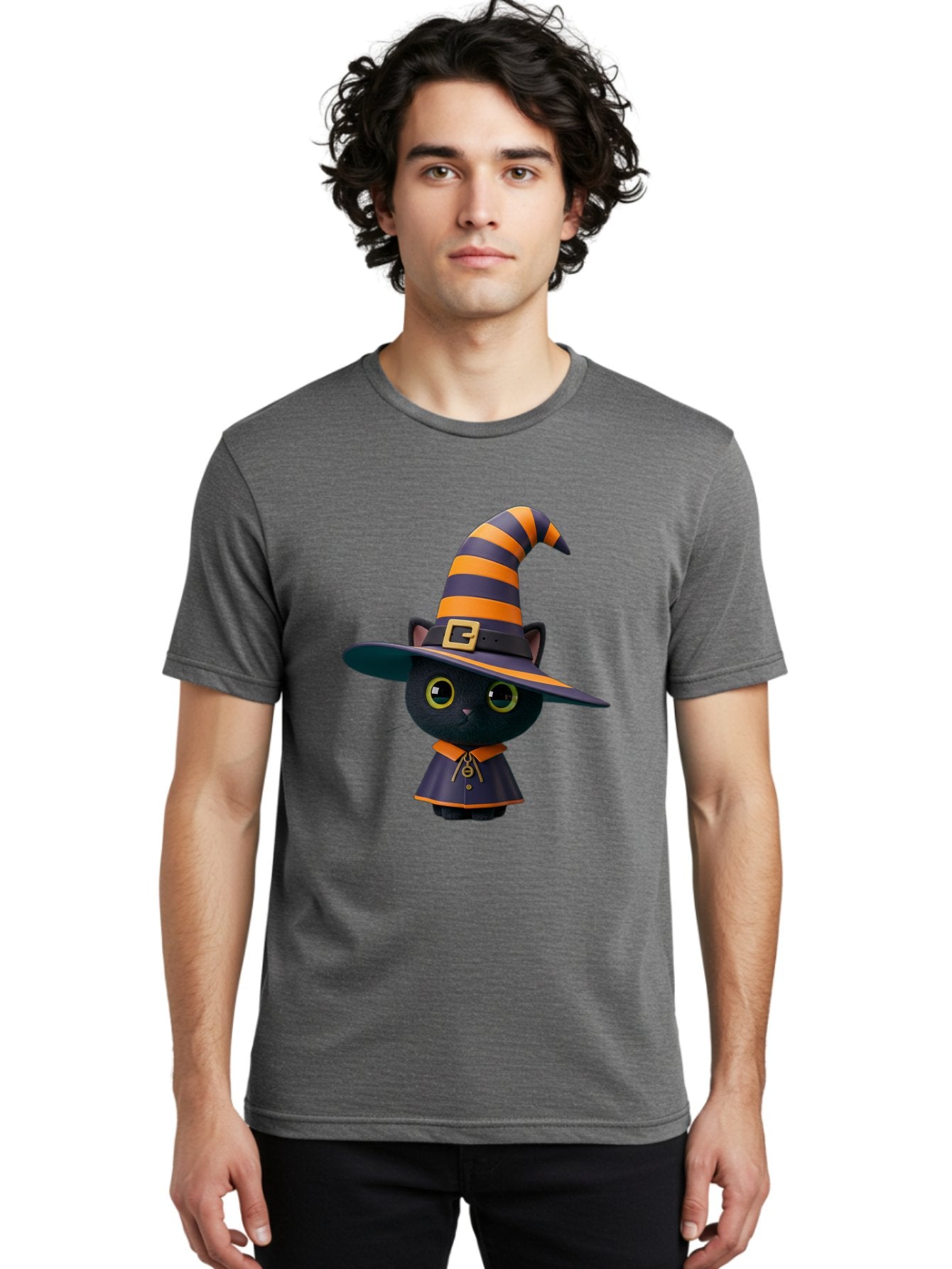 Black-Cat-In-Witch-Hat Men'S Graphic Tee, 100% Cotton, Comfortable Casual Summer Wear, Machine Washable, Black Cat, Witch Costume, Orange And Black Stripes, Cartoon Character, Halloween Theme, Spooky Kitty, Cute Animal, 3D Illustration, Bac626 18
