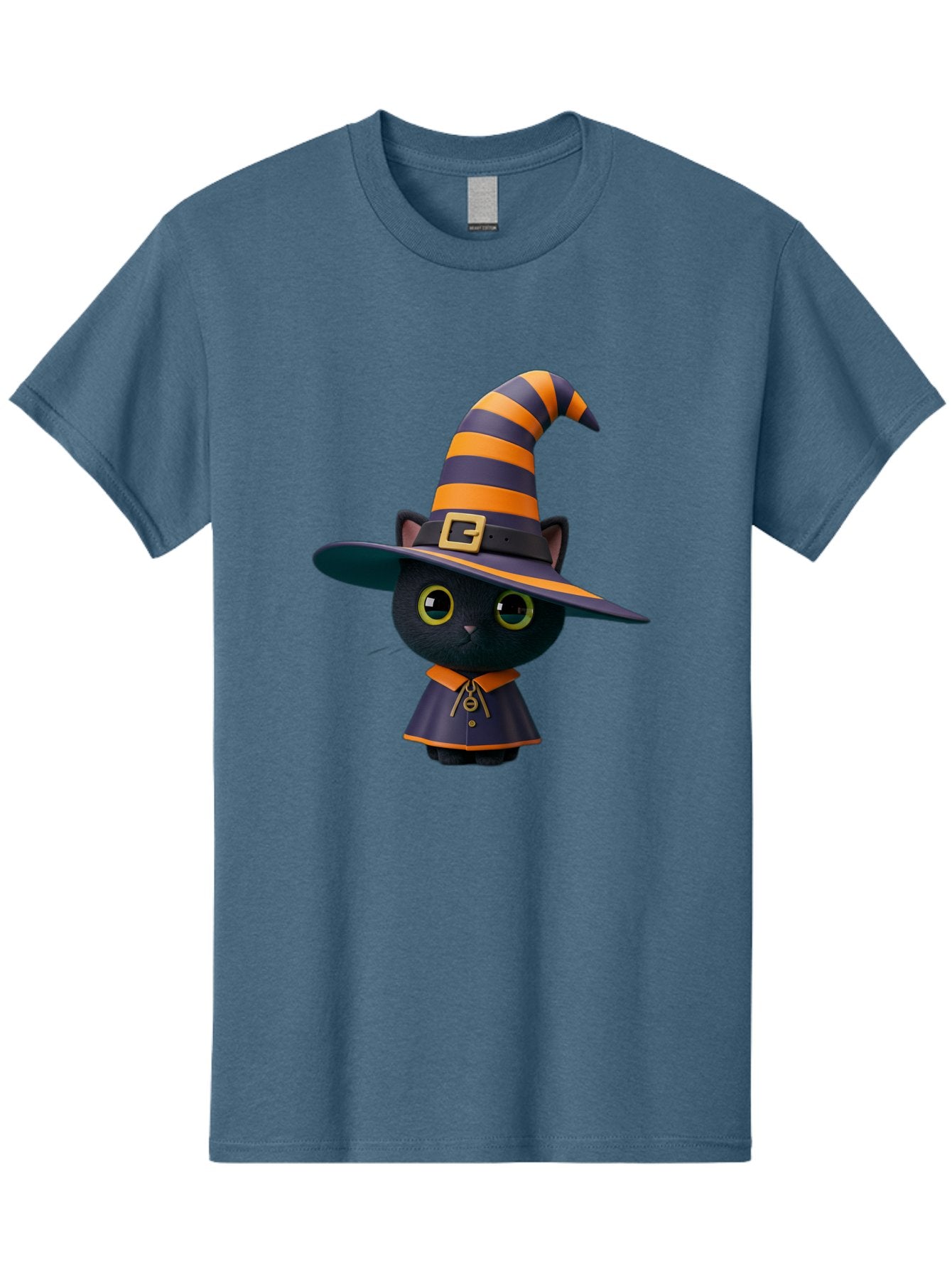 Black-Cat-In-Witch-Hat Men'S Graphic Tee, 100% Cotton, Comfortable Casual Summer Wear, Machine Washable, Black Cat, Witch Costume, Orange And Black Stripes, Cartoon Character, Halloween Theme, Spooky Kitty, Cute Animal, 3D Illustration, Bac626 8