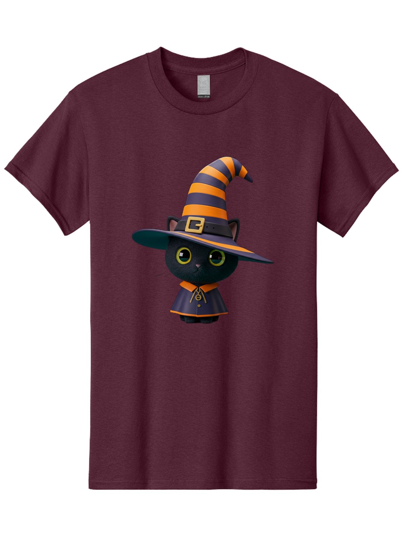 Black-Cat-In-Witch-Hat Men'S Graphic Tee, 100% Cotton, Comfortable Casual Summer Wear, Machine Washable, Black Cat, Witch Costume, Orange And Black Stripes, Cartoon Character, Halloween Theme, Spooky Kitty, Cute Animal, 3D Illustration, Bac626 3