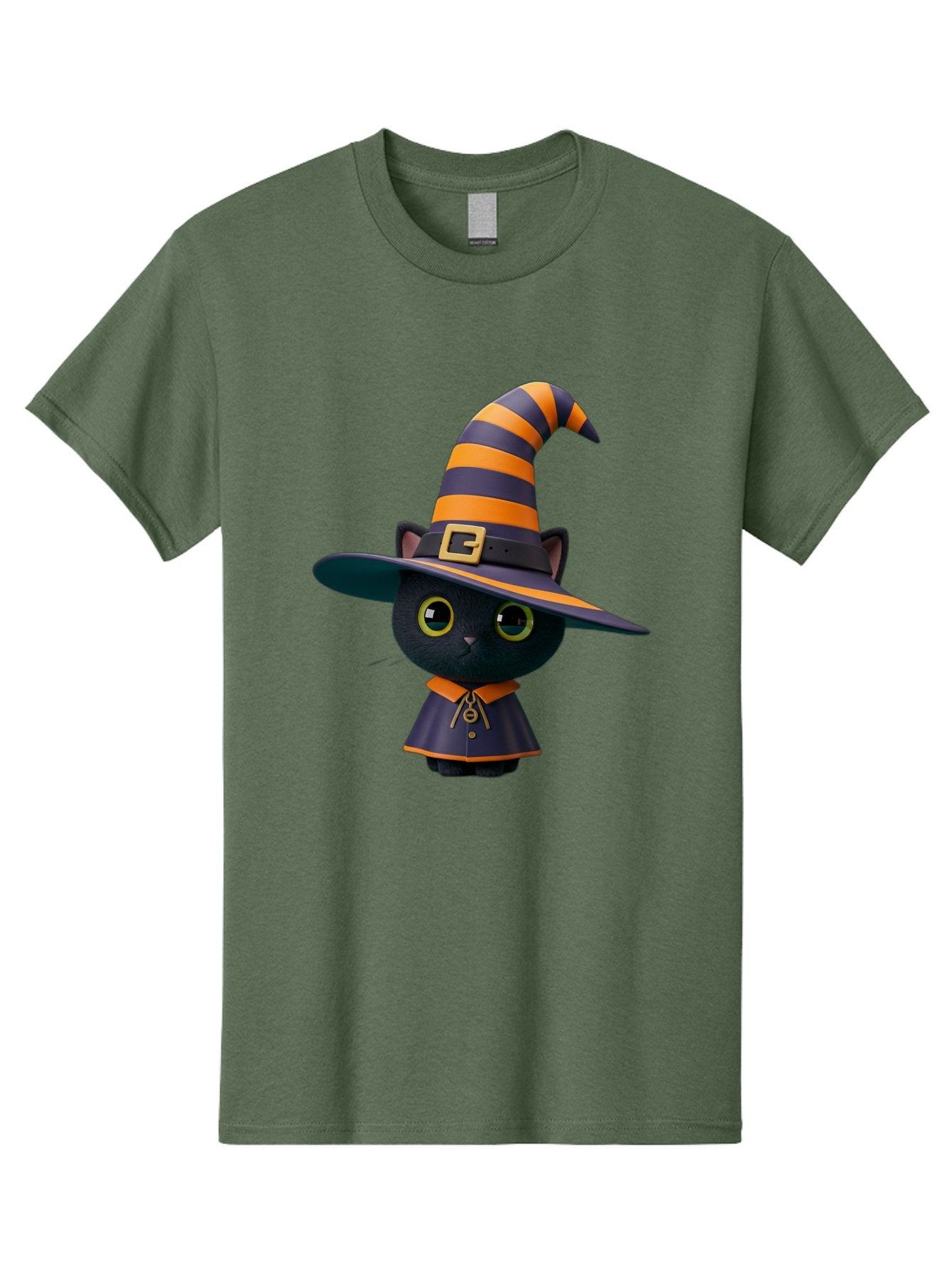 Black-Cat-In-Witch-Hat Men'S Graphic Tee, 100% Cotton, Comfortable Casual Summer Wear, Machine Washable, Black Cat, Witch Costume, Orange And Black Stripes, Cartoon Character, Halloween Theme, Spooky Kitty, Cute Animal, 3D Illustration, Bac626 7