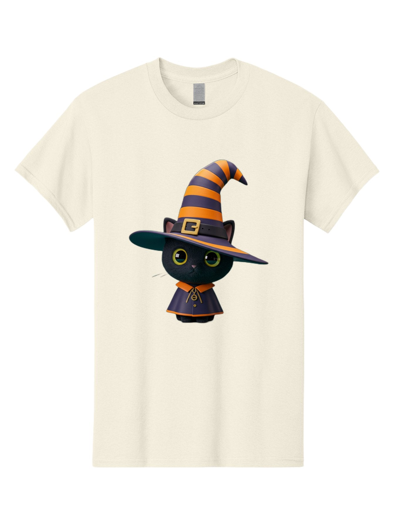 Black-Cat-In-Witch-Hat Men'S Graphic Tee, 100% Cotton, Comfortable Casual Summer Wear, Machine Washable, Black Cat, Witch Costume, Orange And Black Stripes, Cartoon Character, Halloween Theme, Spooky Kitty, Cute Animal, 3D Illustration, Bac626 9