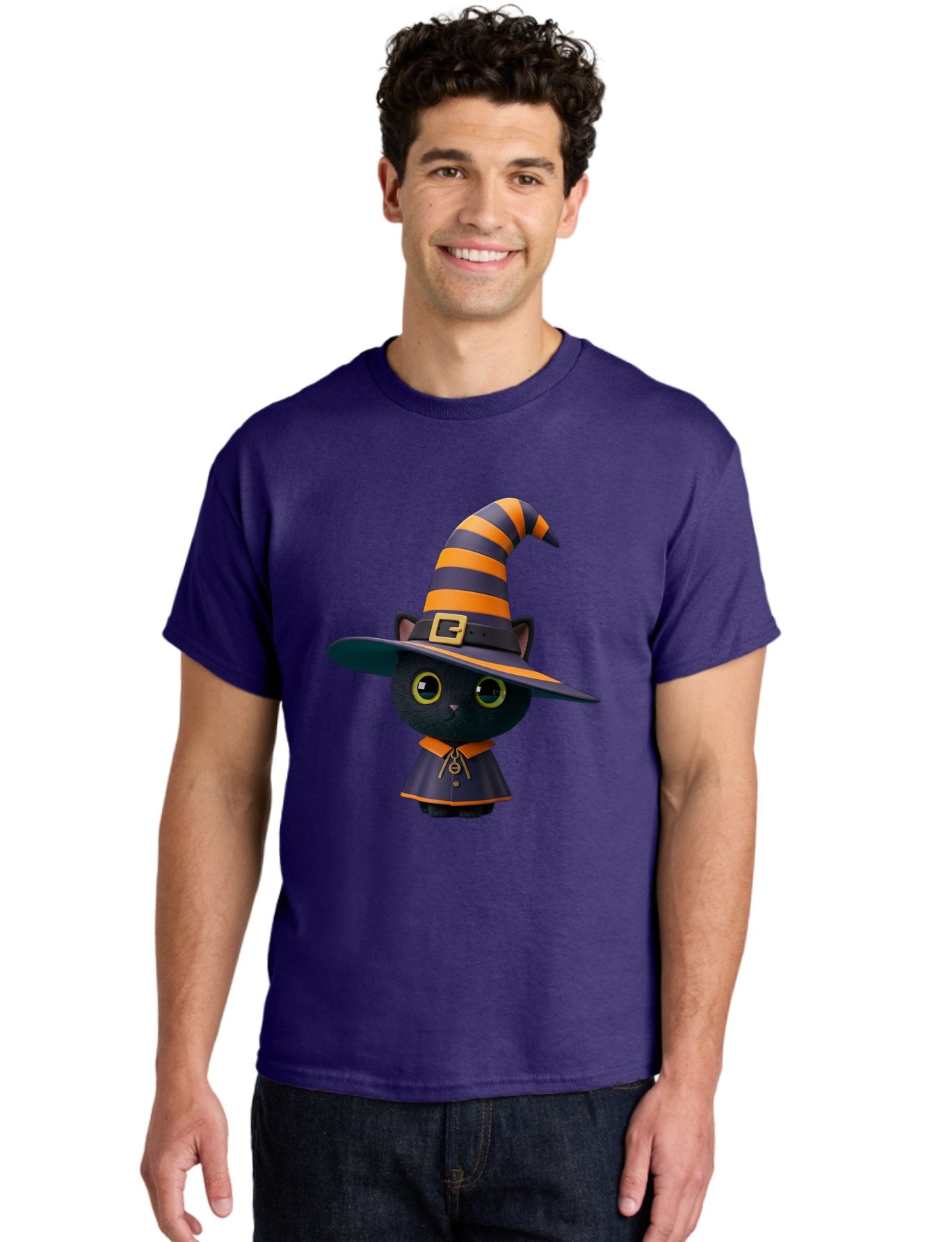 Black-Cat-In-Witch-Hat Men'S Graphic Tee, 100% Cotton, Comfortable Casual Summer Wear, Machine Washable, Black Cat, Witch Costume, Orange And Black Stripes, Cartoon Character, Halloween Theme, Spooky Kitty, Cute Animal, 3D Illustration, Bac626 30