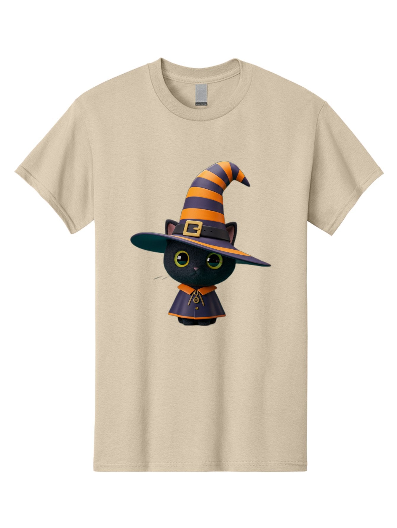 Black-Cat-In-Witch-Hat Men'S Graphic Tee, 100% Cotton, Comfortable Casual Summer Wear, Machine Washable, Black Cat, Witch Costume, Orange And Black Stripes, Cartoon Character, Halloween Theme, Spooky Kitty, Cute Animal, 3D Illustration, Bac626 5