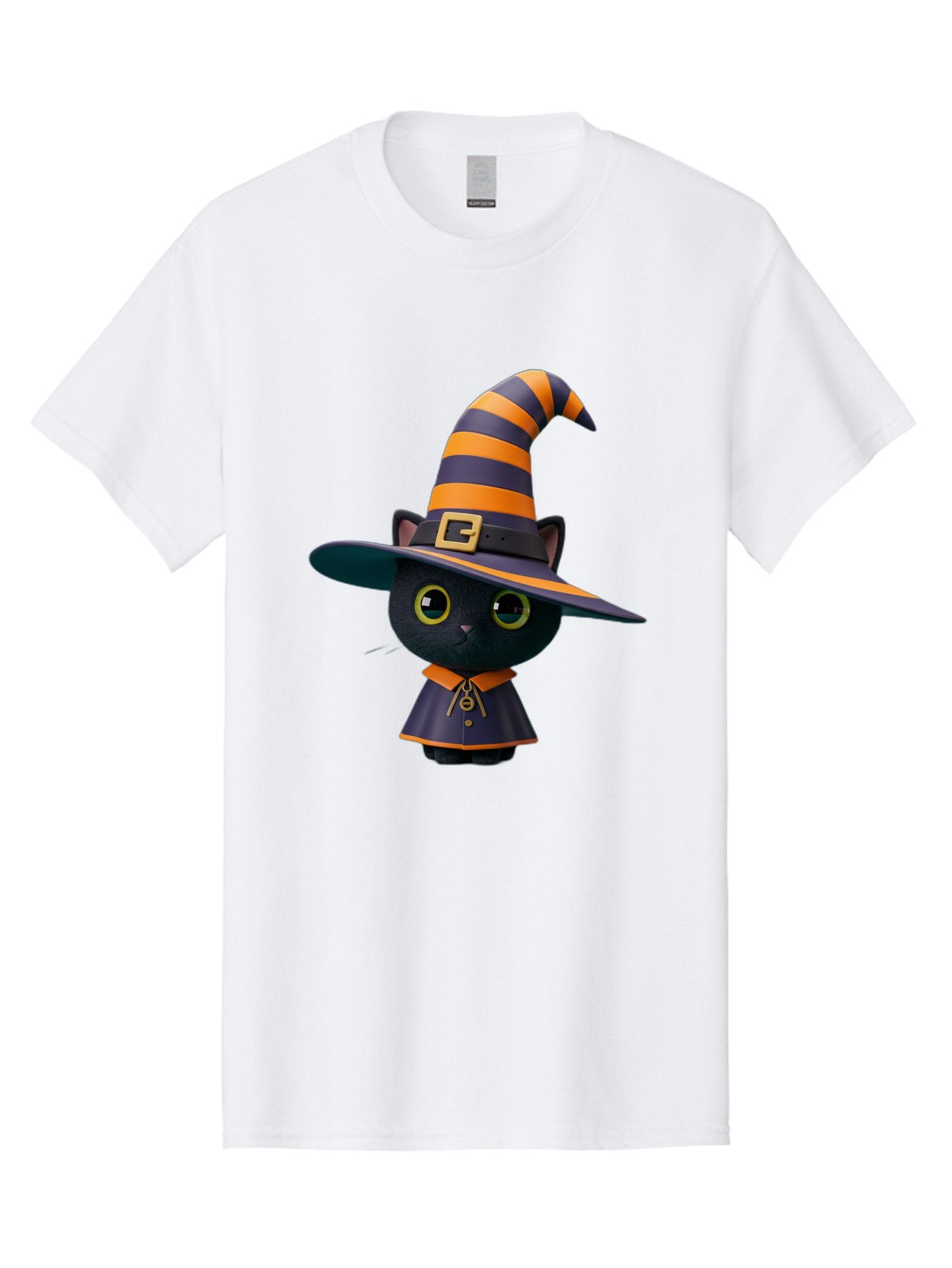 Black-Cat-In-Witch-Hat Men'S Graphic Tee, 100% Cotton, Comfortable Casual Summer Wear, Machine Washable, Black Cat, Witch Costume, Orange And Black Stripes, Cartoon Character, Halloween Theme, Spooky Kitty, Cute Animal, 3D Illustration, Bac626