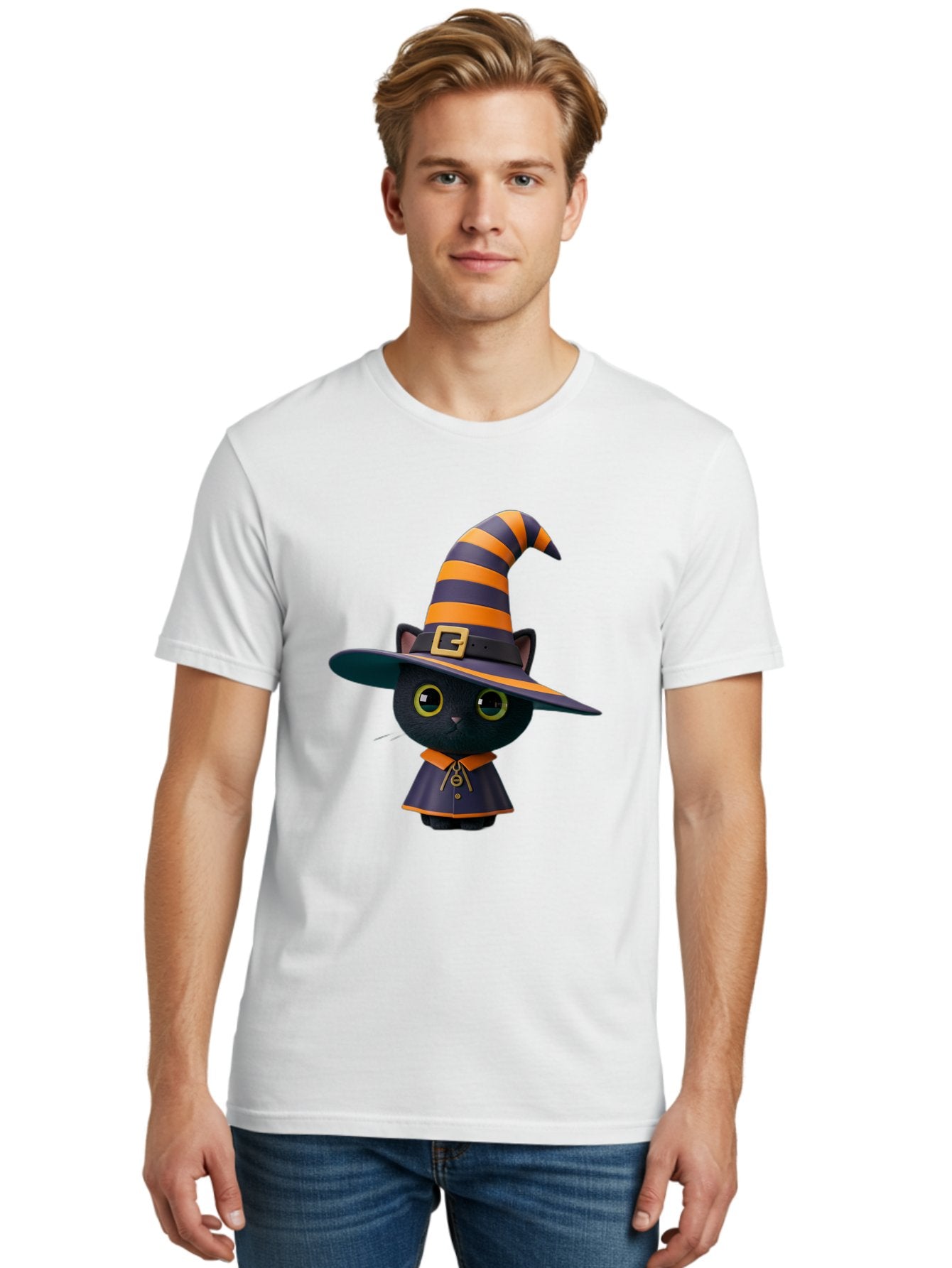 Black-Cat-In-Witch-Hat Men'S Graphic Tee, 100% Cotton, Comfortable Casual Summer Wear, Machine Washable, Black Cat, Witch Costume, Orange And Black Stripes, Cartoon Character, Halloween Theme, Spooky Kitty, Cute Animal, 3D Illustration, Bac626 19